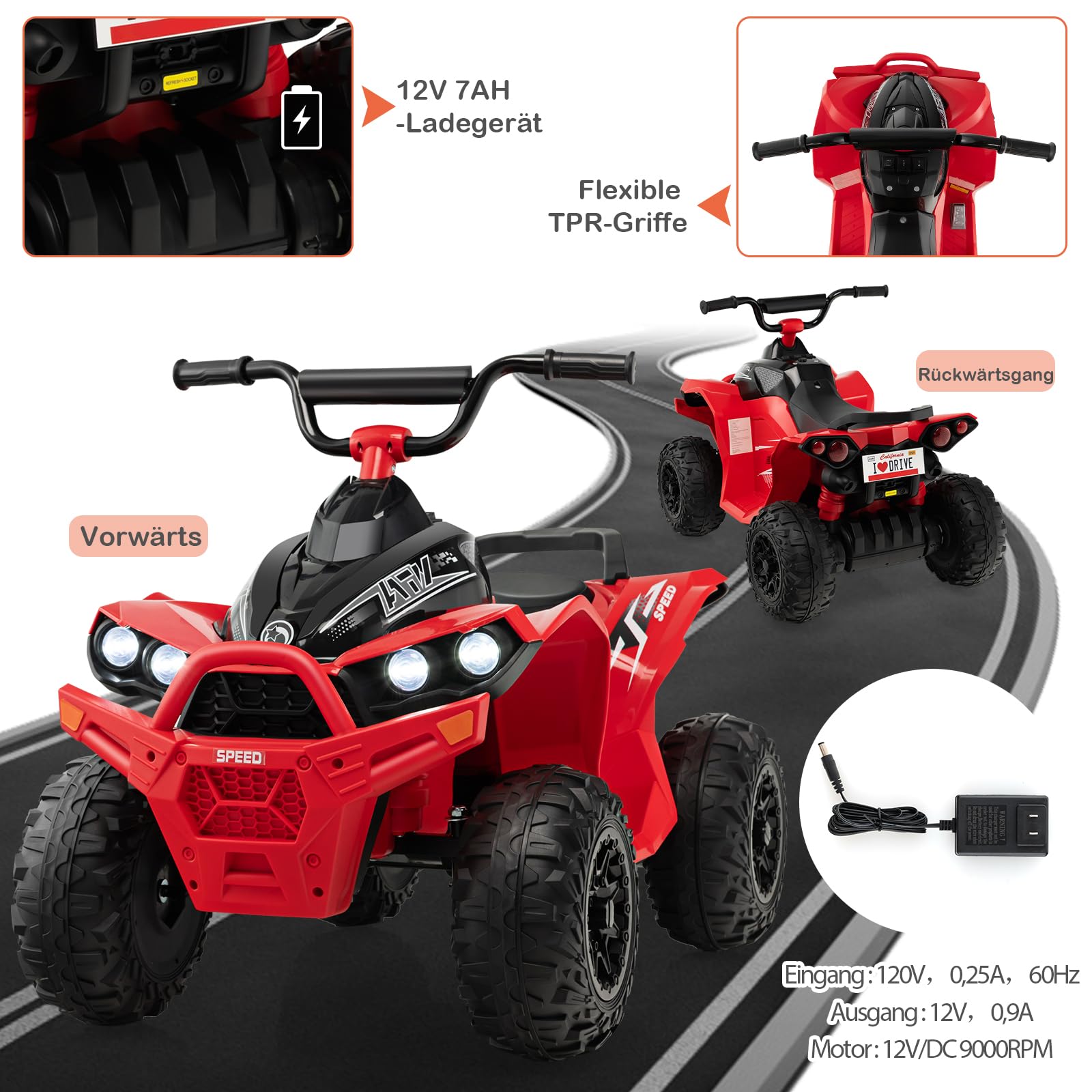 DREAMADE Kinderquad ATV, 12V Elektroquad mit LED-Lichtern,Hupe, Musik & Ladegerät, 2,15-4,3 km/h, Elektrofahrzeug für Kinder 3-8 Jahre (Rot)