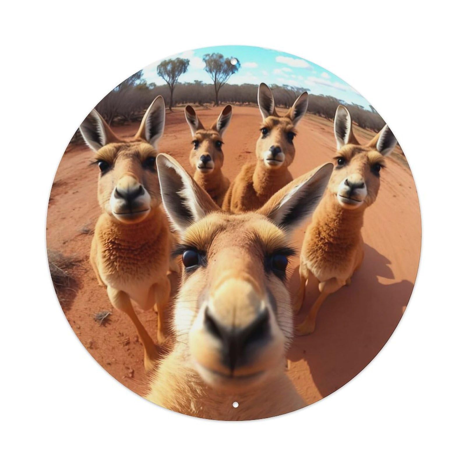 Funny Animal Strong Kangaroo Selfie Vintage Metal Tin Sign Plaque Wall Decor for Cafe, Club, Garden Round Metal Poster 8x8Inch