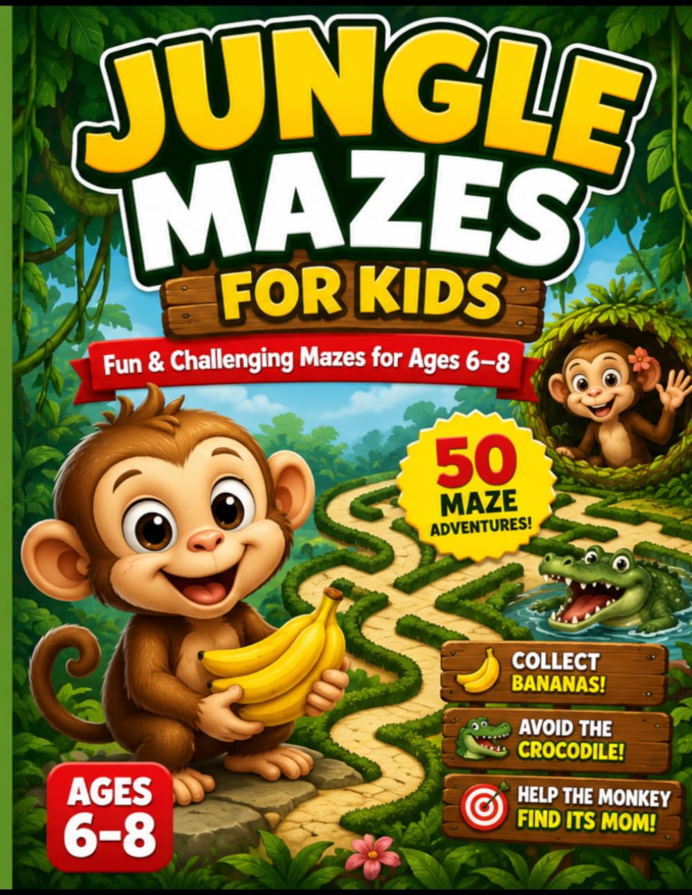 Jungle Mazes for Kids Ages 6–8: Help the Baby Monkey Find Its Mom – 50 Fun Maze Adventures with Bananas, Jungle Animals, and Screen-Free Activities (Jungle Adventure Mazes)
