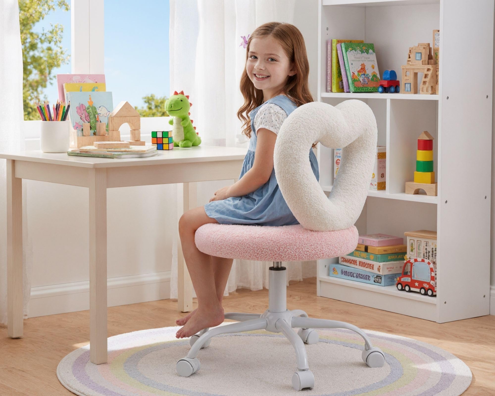 HNY Kids Desk Chair with Wheels,Cute Furry Pink Vanity Chair with Hollowed Heart-Shape Back Adjustable Rolling Computer Study Task Chair for Girls, Fluffy Faux Fur Kids Swivel Chair for Bedroom