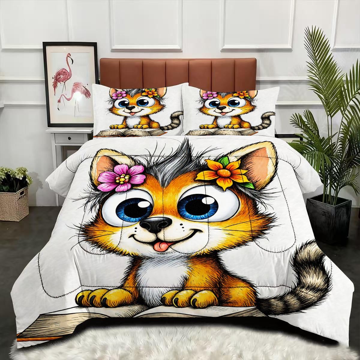 Couette 3D imprimée chat jaune 160x200 cm parure de lit double imprimé dessin