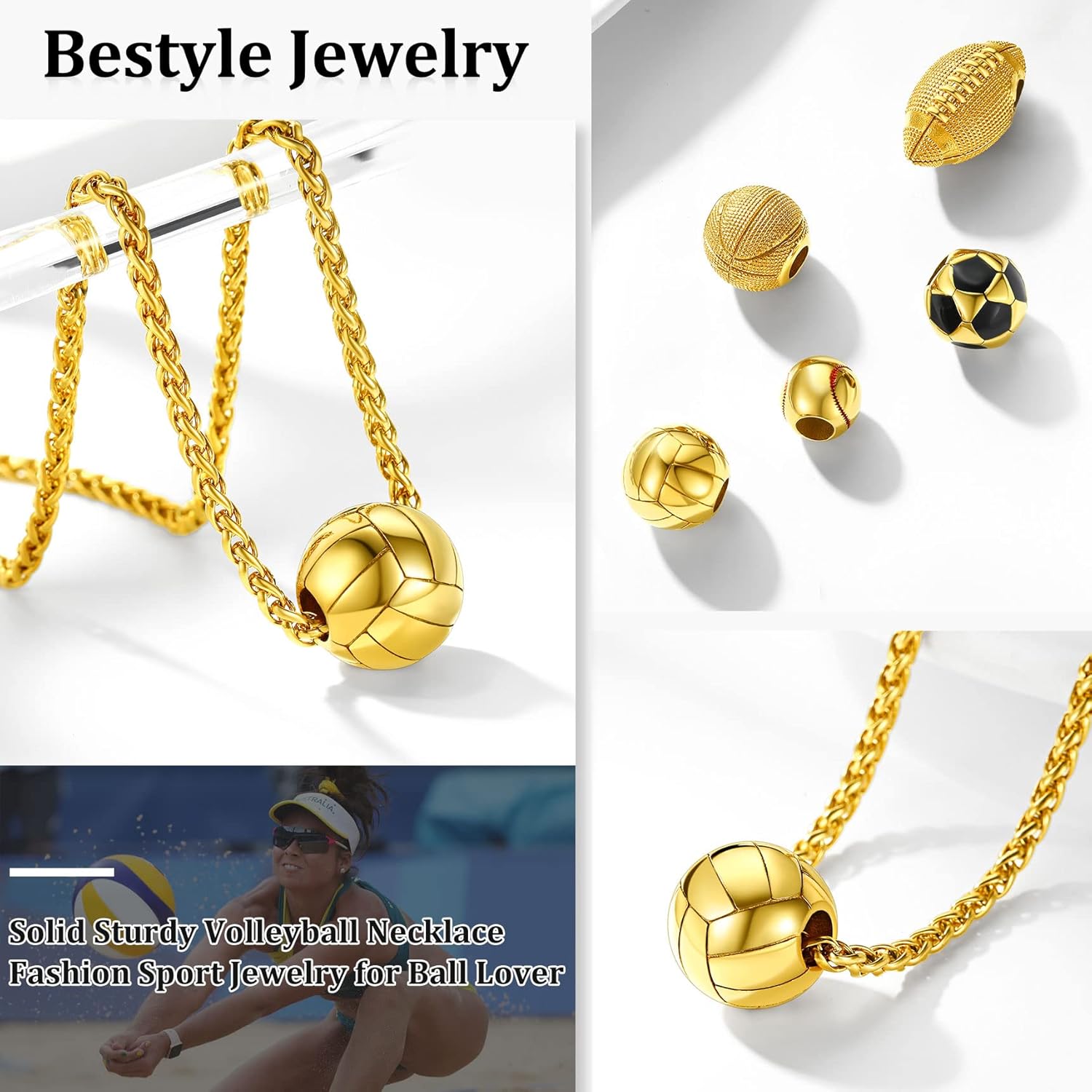 Bestyle Vivid Ball Pendants Sports Necklace for Men, Solid Stainless Steel Soccer/Basketball/Volleyball/Rugby Ball/Baseball Necklace in Silver/Black/Gold, Trendy Sport Fan Jewelry Collection Gift