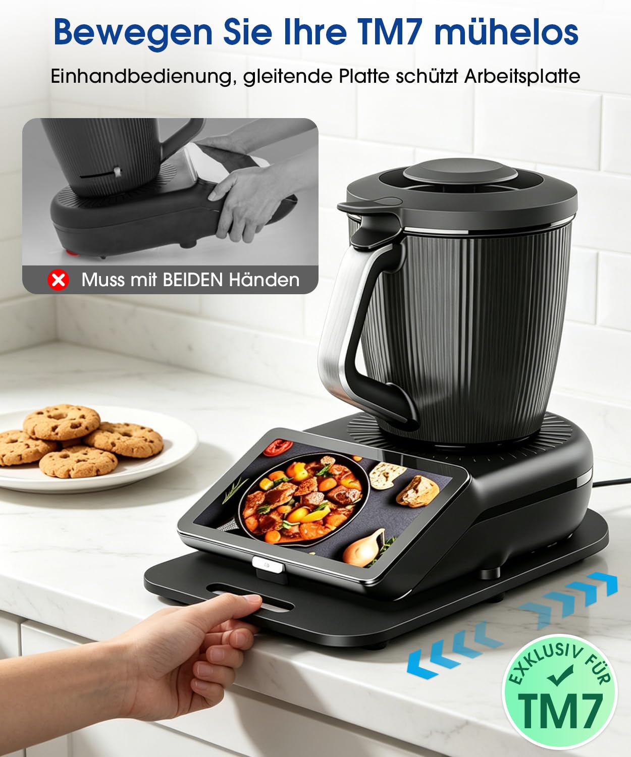 BOYUNSHI Planche coulissante pour Thermomix TM7 avec protection d'écran en silicone, 3ème génération, plaque acrylique avec roulettes métalliques à 360°, antidérapante, stable, facile à nettoyer