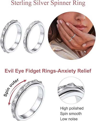 Miniatura 2 de FOCALOOK Anillo giratorio de plata de ley 925 para la ansiedad para mujeres en relieve, mal de ojocelta, anti estrés, anillo giratorio tamaño 5-12