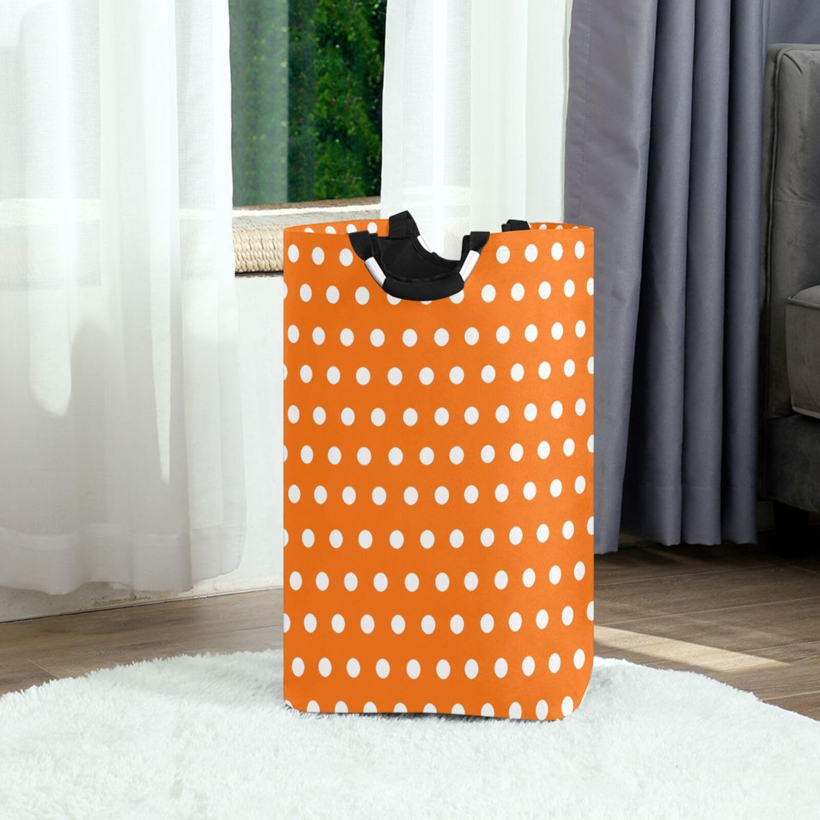 Jihqo Laundry Hamper Basket Polka Dots White Orange Collapsible Nursery Storage Bin Waterproof Clothing Baskets for Home Bedroom Bathroom Washing Room