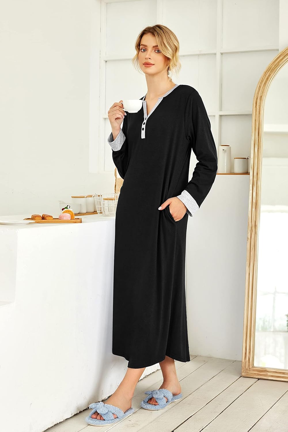 Ekouaer Womens Nightgown Long Loungewear V Neck Nightshirt Sleepwear Full Length Sleepshirt with Pockets - Image 4