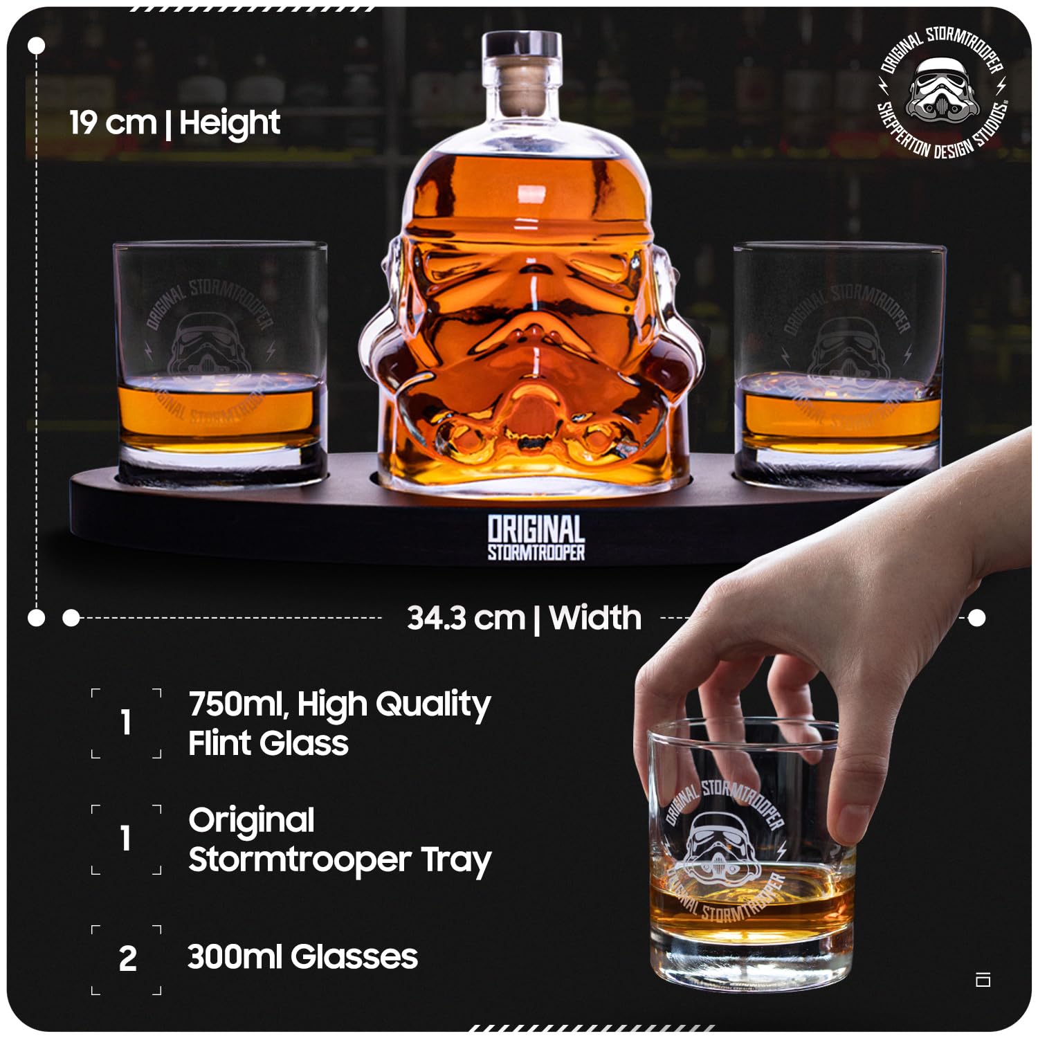 ThumbsUp! Set decanter originale Stormtrooper con 2 bicchieri da whisky 3D, per whisky, bourbon, scotch e gin, decanter da 750 ml con sigillo in sughero originale, bicchieri da 300 ml, regalo di