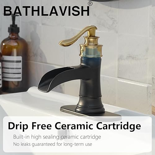 Miniatura 4 de Grifo de baño negro y dorado, fregadero de cascada de un solo orificio con desagüe desplegable con desbordamiento de una sola manija para tocador de