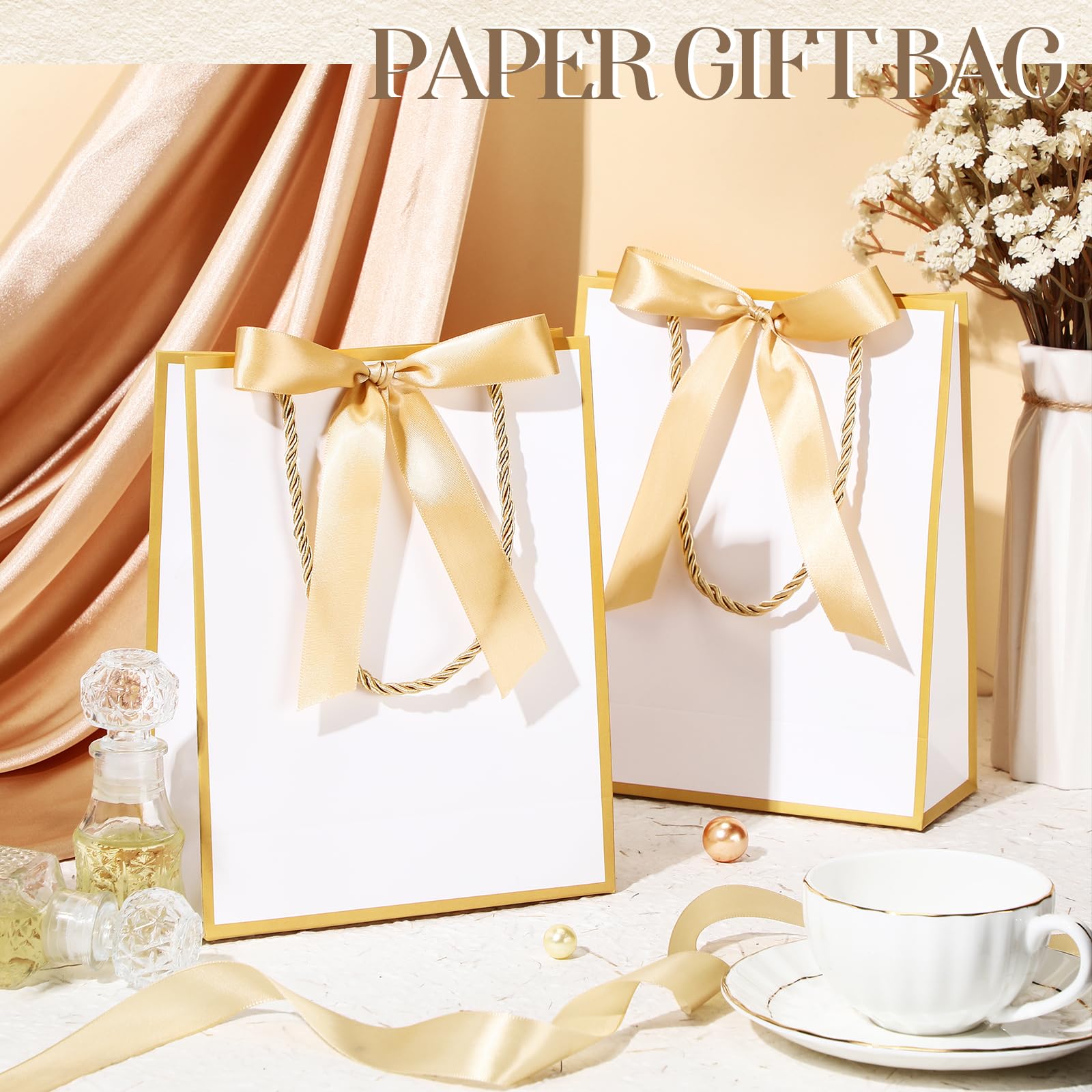 Silkfly 12 Pcs Wedding Paper Gift Bags with Handle 9x7x3.15'' Thank You Gifts Bags with Ribbon Bow Bridal Shower Gifts for Baby Shower Graduation Holiday Birthday Party Supplies (White,Gold)