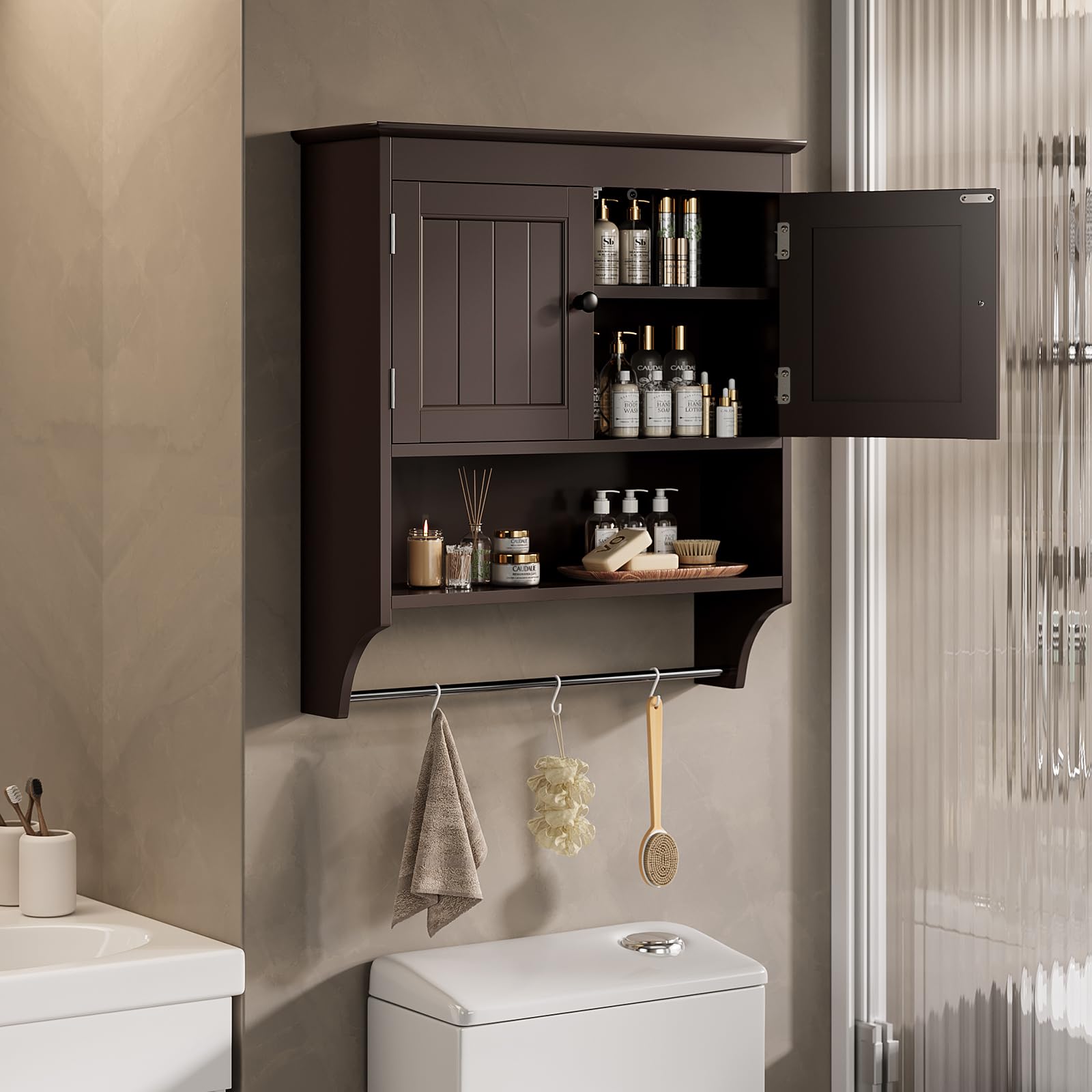 Bealife Mueble de baño suspendido, Armario Doble suspendido, Ahorra Espacio, Armario de Pared con 2 Puertas Estante Ajustable, Barra para Toallas, 19.8 x 60.5 x 69.8 cm, Blanco (marrón Oscuro)