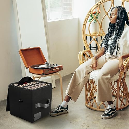 Miniatura 9 de Rasugarlary Caja de almacenamiento de discos de vinilo con capacidad para más de 50 discos con tapa para proteger álbumes, organizador de