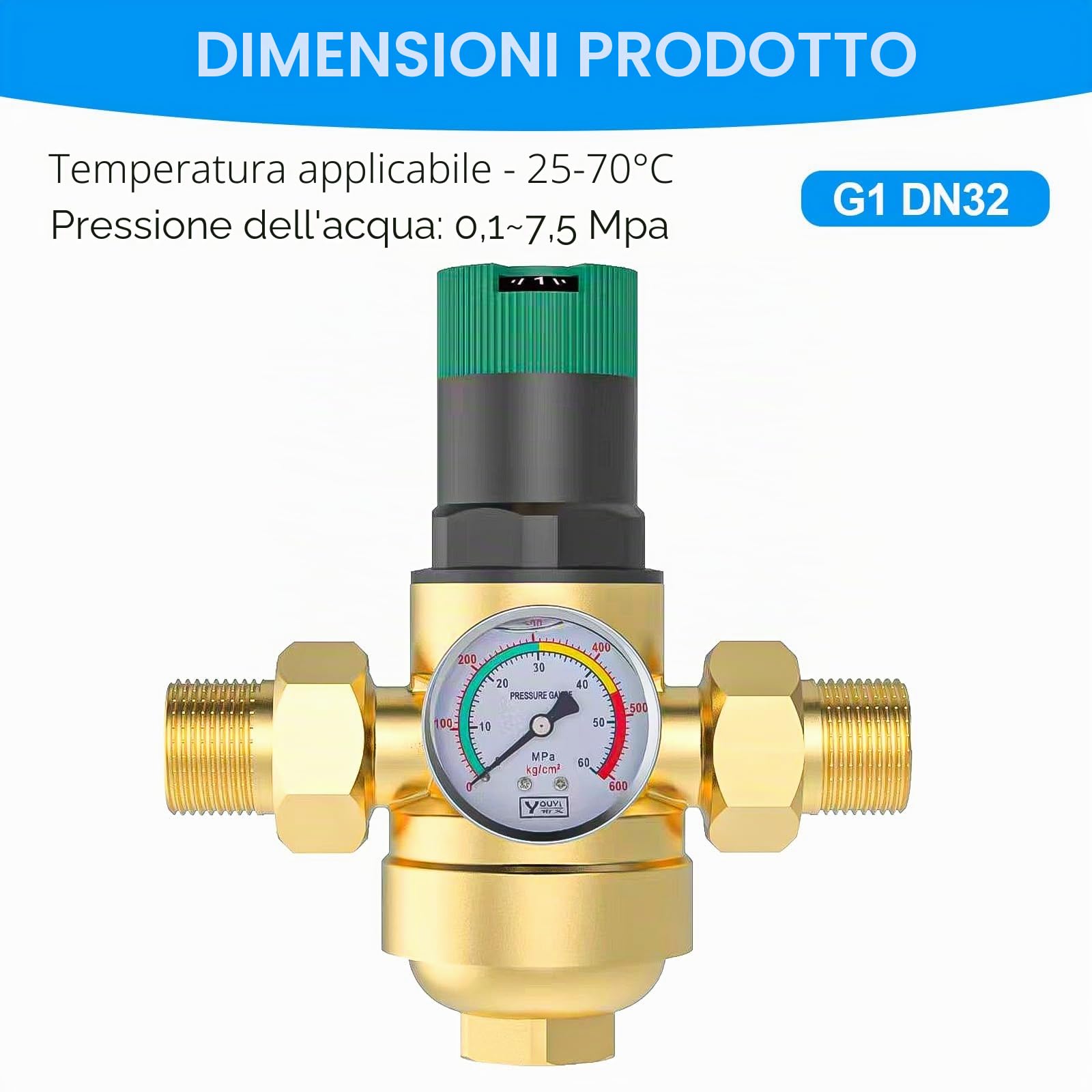 Riduttore di Pressione Acqua 1 pollice, Regolatore Di Pressione Acqua Con Manometro Acqua E Filtro A Rete, Riduttore Pressione Acqua In Ottone Per La Regolazione Della Pressione Dell'Acqua (Ottone)