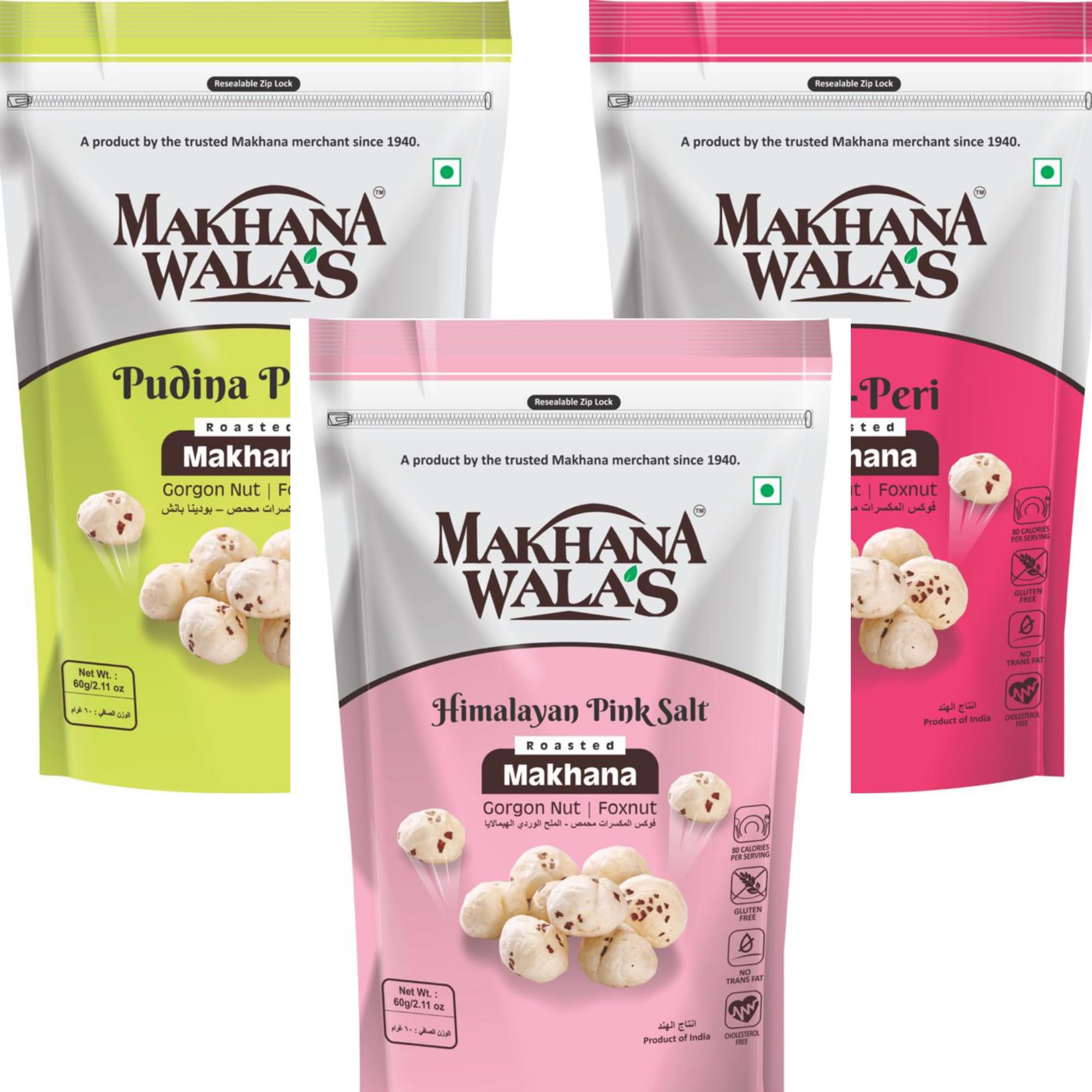 From the House of Makhanawala’s Roasted Makhana (Foxnuts) | Gorgon Nut | Himalayan Pink Salt, Peri-Peri, and Pudhina Punch Flavors | Gluten-Free Vegan Snacks | Healthy Diet | Pack of 3, 60g Each