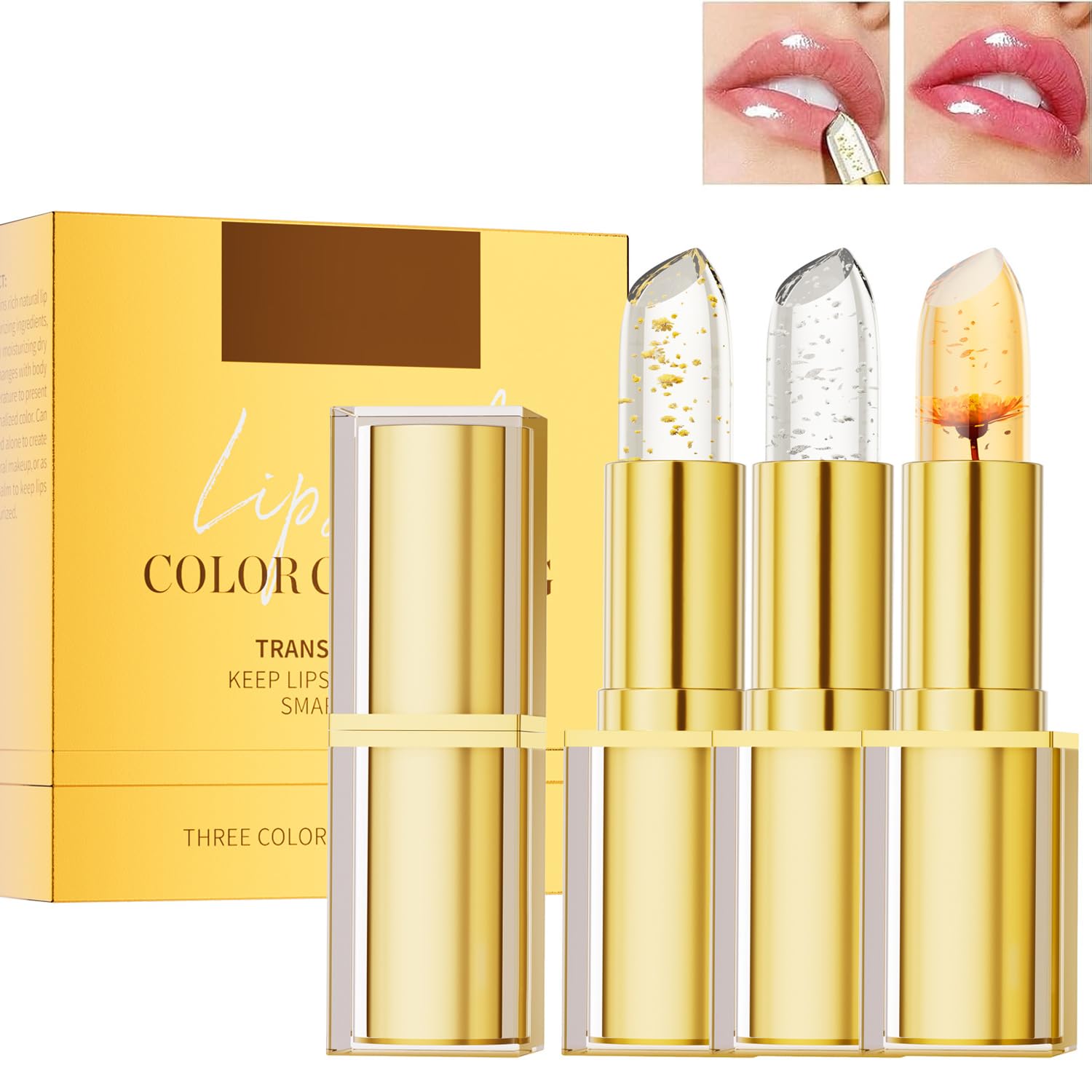 3 PCS Transferproof Color Changing Lipstick, Clear Lip stick That Changes Color, Gold Crystal ph Color Changing Lipstick, Long Lasting & Moisturizing Glossy Shine Lip Balm for Women