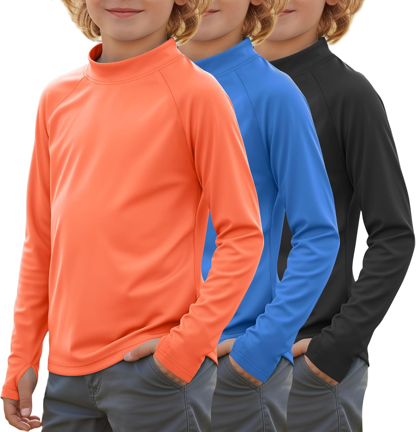 3 Pack Boys' UPF 50+ Rash Guard Kids Youth Long Sleeve Quick Dry Swim Shirt Sun Protection UV Beach Surf Shirts