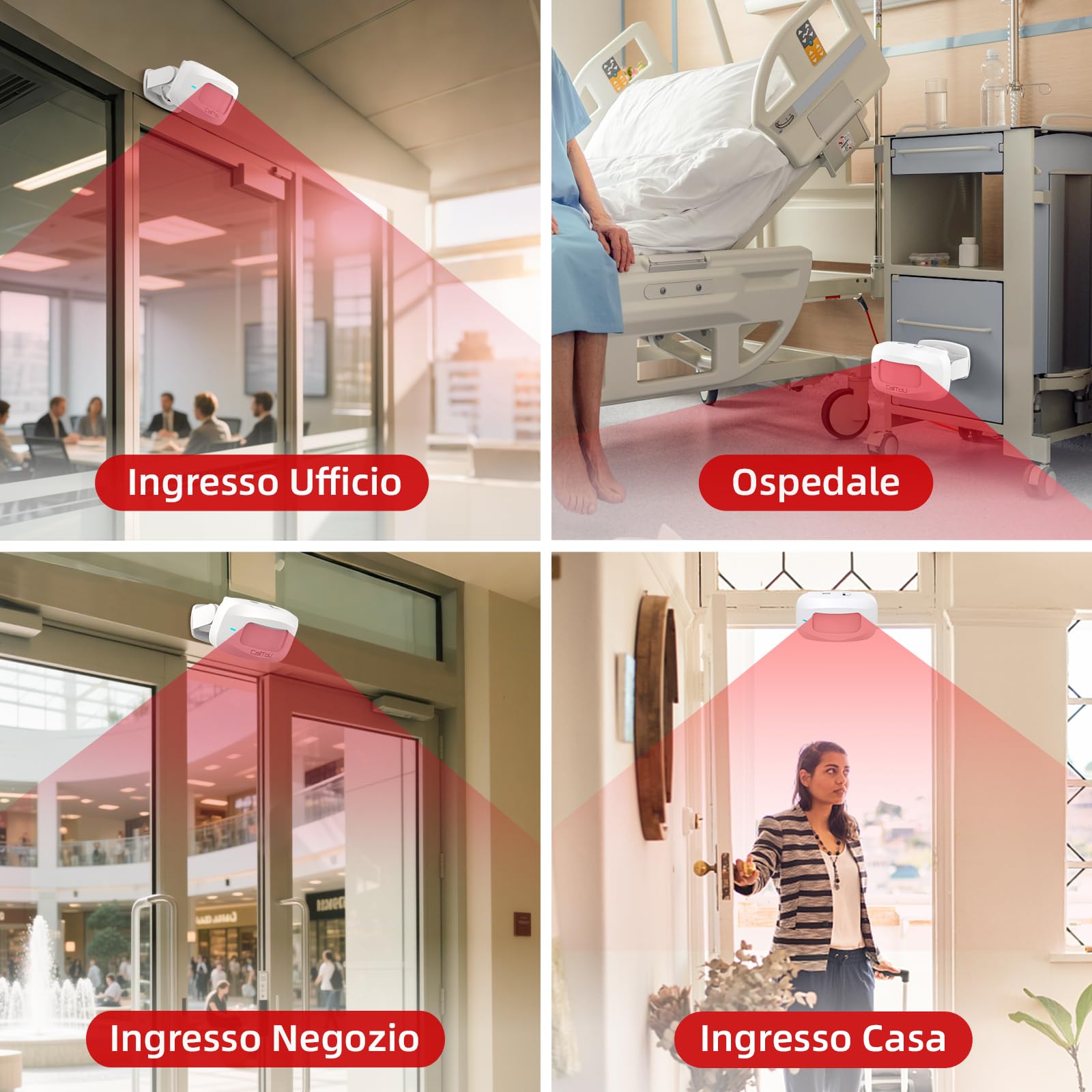 CallToU Timbre detector de movimiento de alarma interior, detector de paso, puerta de tienda con sensor giratorio de 360°, ideal para tiendas, campanas de gato, personas mayores y hogar