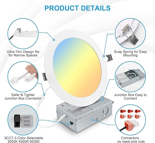 Miniatura 6 de Paquete de 12 luces empotrables LED ultrafinas 3CCT de 7 pulgadas con caja de conexiones, 3000 K4500 K6000 K seleccionables, 18 W Eqv 125 W, luz