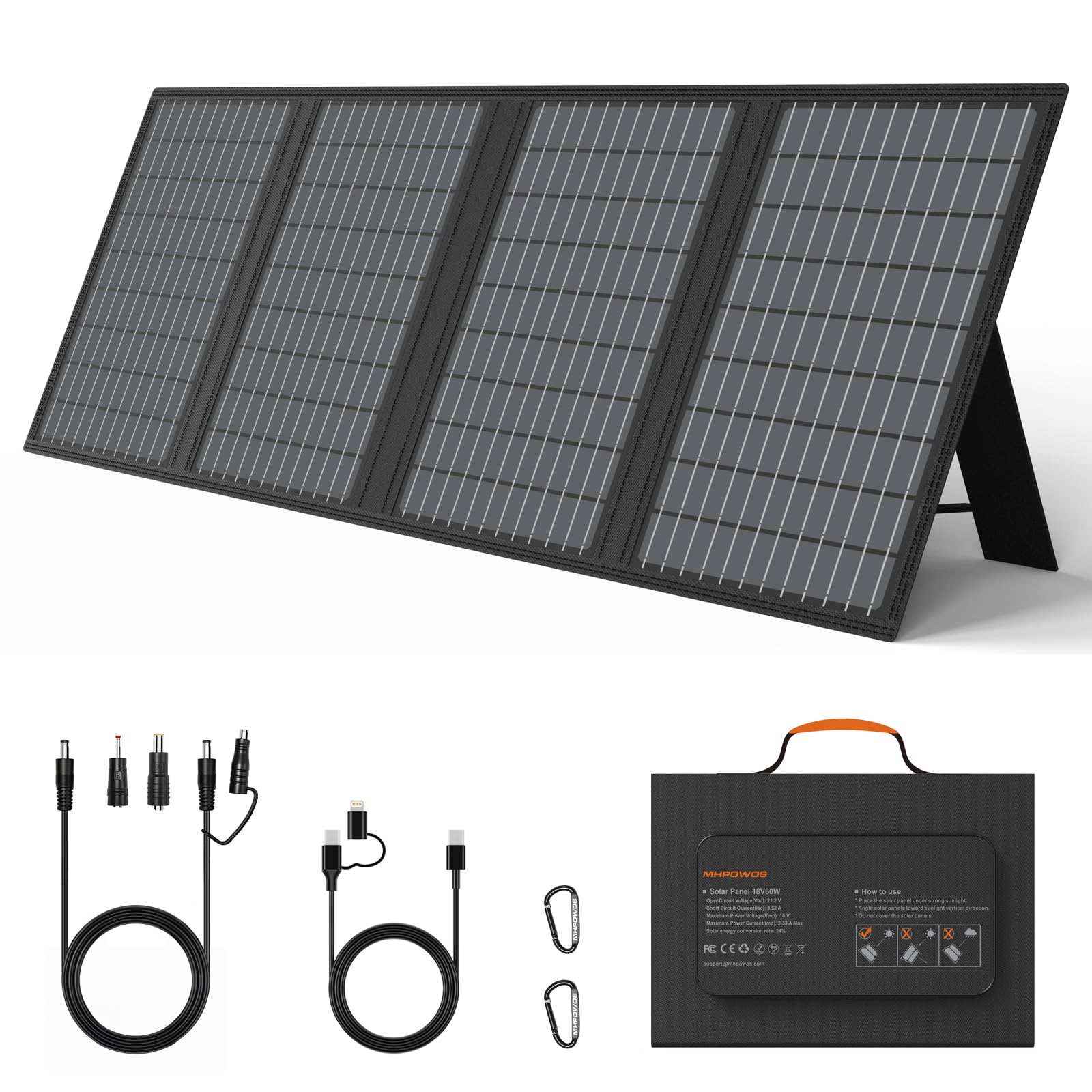 Panel solar portátil de 60 W, plegable, cargador de paneles solares con USB C