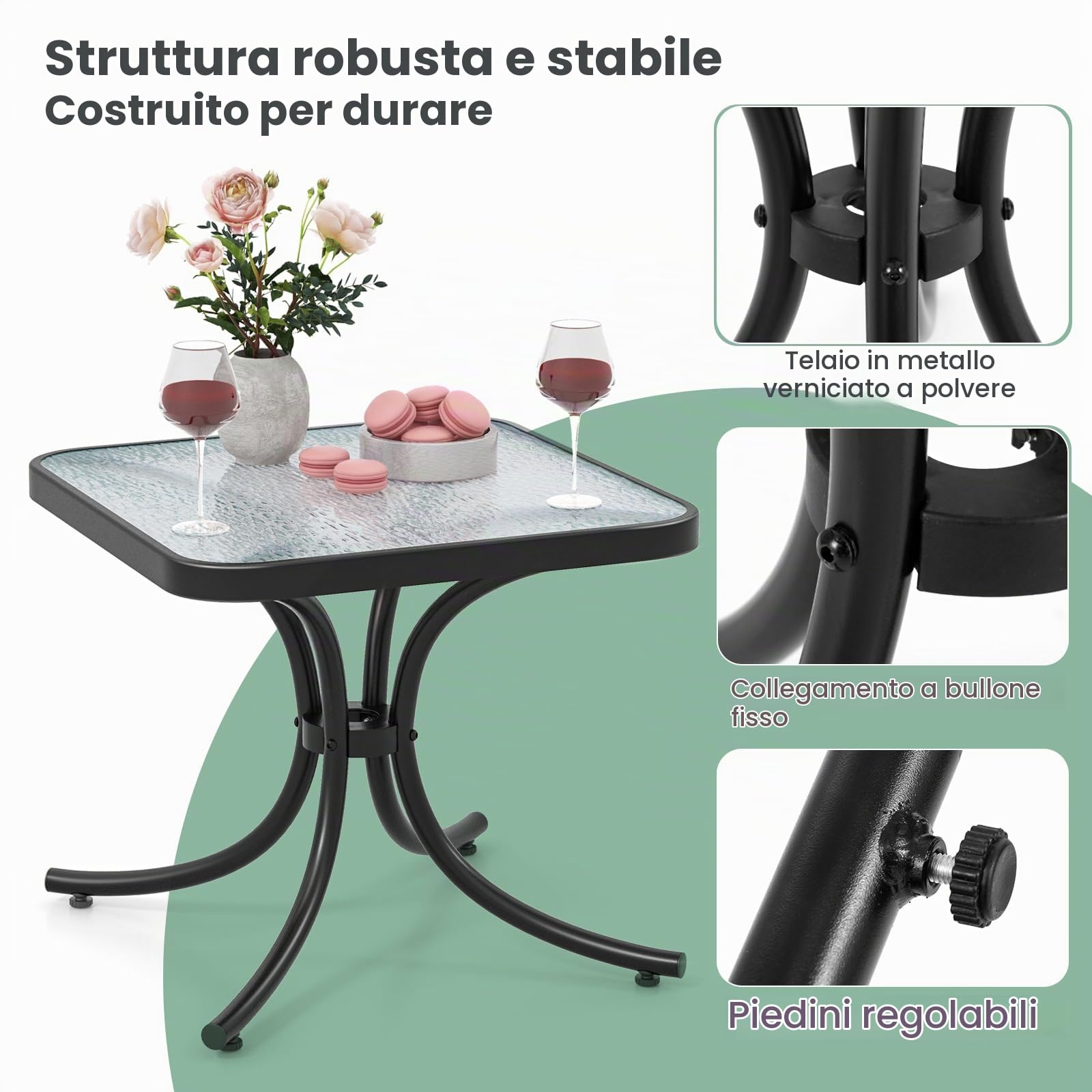KOMFOTTEU Tavolo da giardino in vetro temperato, tavolino ausiliario con telaio in metallo, tavolo da pranzo quadrato per esterni e interni, tavolino da salotto per terreza, balcone, patio, 50 x 50 x