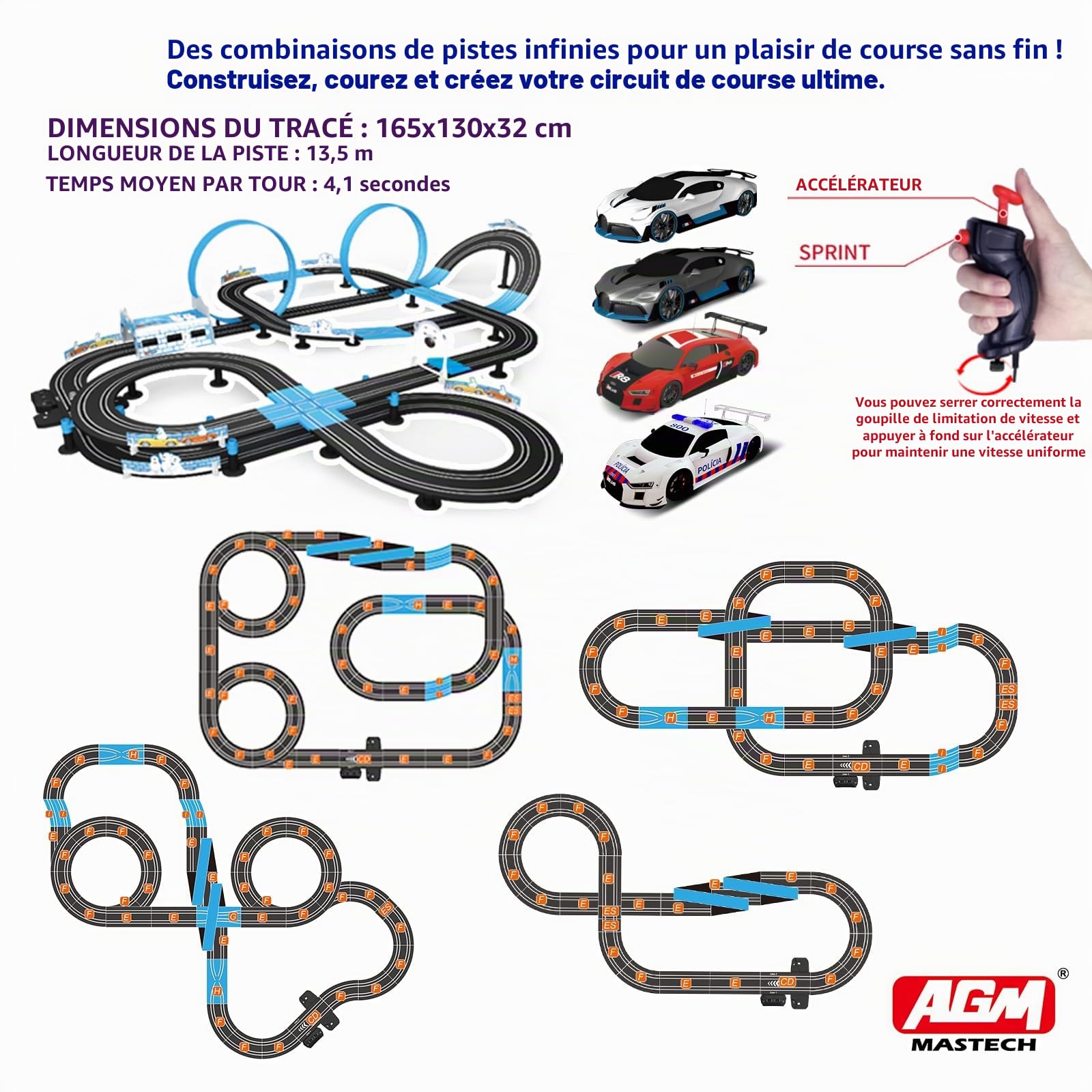Set de Course de Voitures Slot avec Affichage des Tours à LED, Retour Vocal, 4 Voitures sous Licence, Piste de 13,5 m (44 Pieds), alimenté électriquement ou par Batterie pour Enfants et Adultes