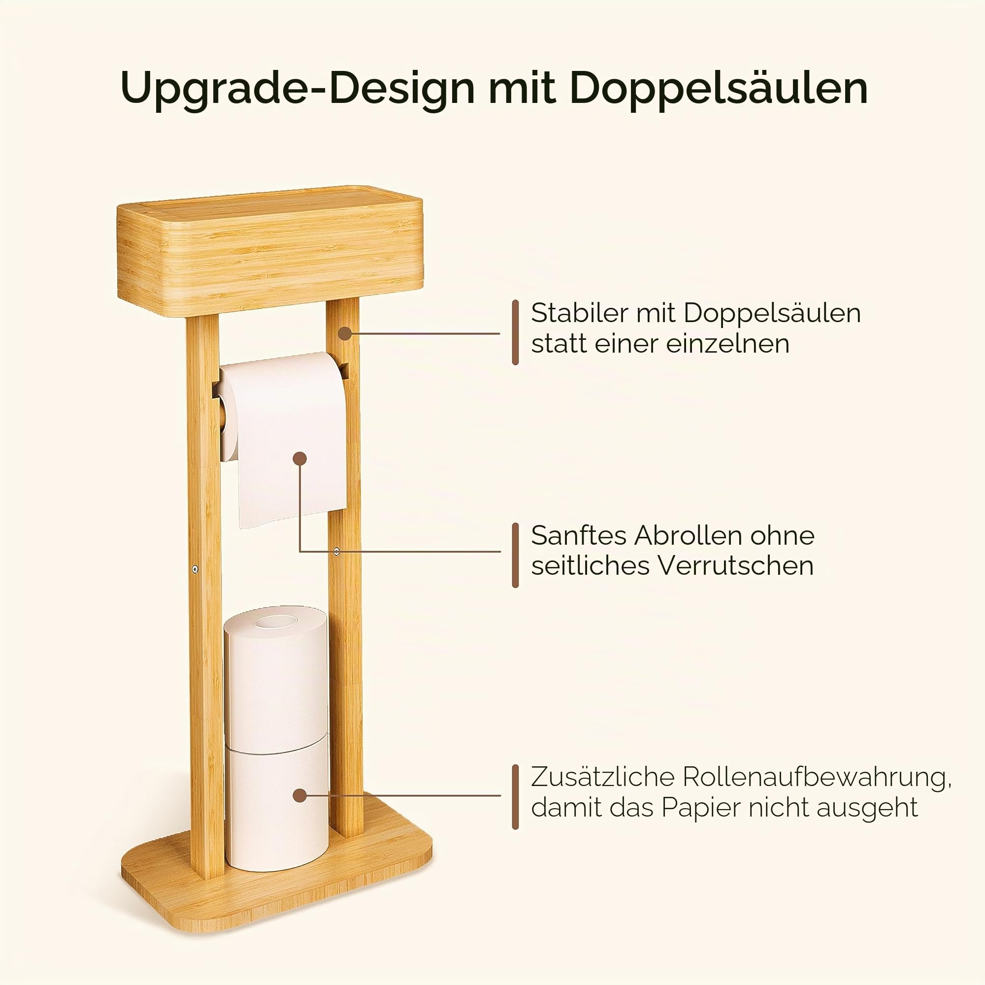 Wealone 4-in-1 Freistehender Toilettenpapierhalter mit Oberem Ablagefach, Bambus Klopapierhalter Stehend, Toilettenpapierhalter mit Feuchttücherbox, Vorübergehende Desktop für Badezimmer(Patentschutz)