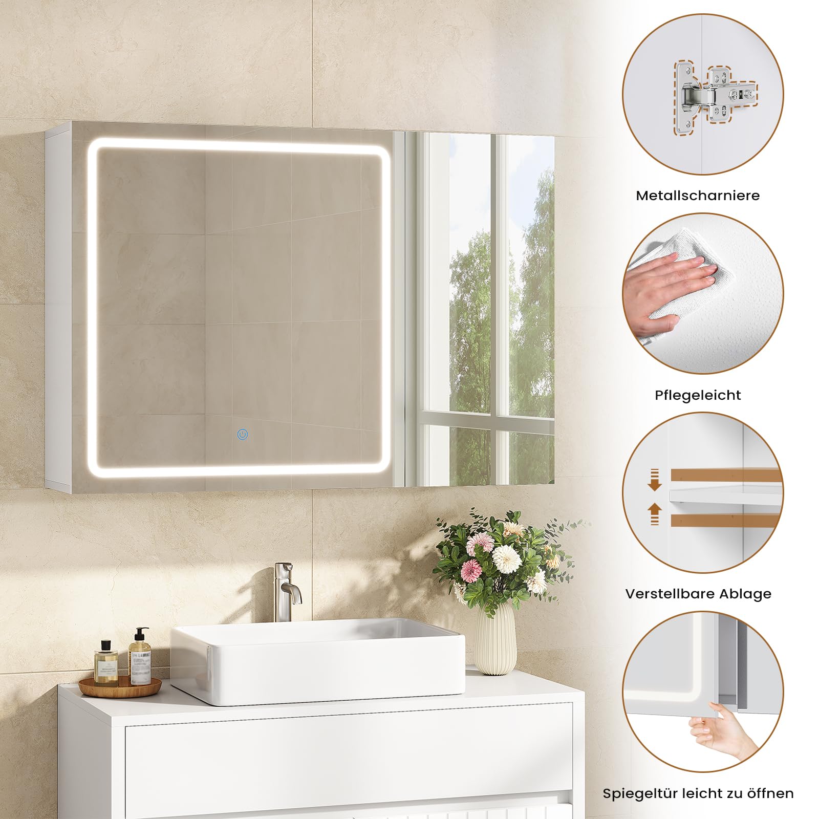 Spiegelschrank Bad 80 cm breit mit LED-Beleuchtung und Steckdose, 16 x 60 x 80 cm, Badezimmerschrank mit HD Spiegel, 3 Verstellbaren Regalen, 3 Farbtemperaturen | Dimmbarer, Badschrank, Weiß