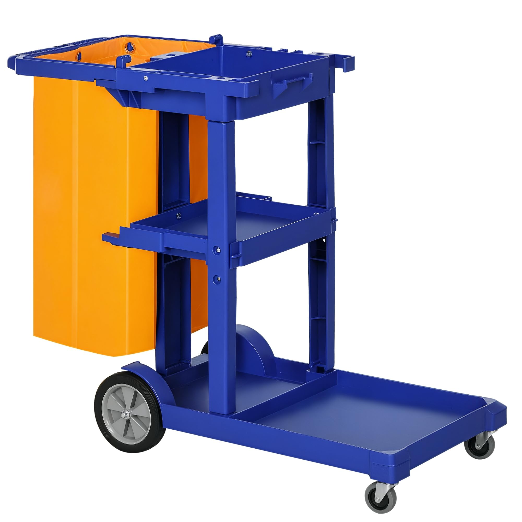 HOMCOM Chariot de nettoyage professionnel avec 3 étagères avec crochets pour balai et sac de 100L, Chariot à roulettes en plastique polyvalent pour l'hôtel, l'hôtellerie et la restauration,