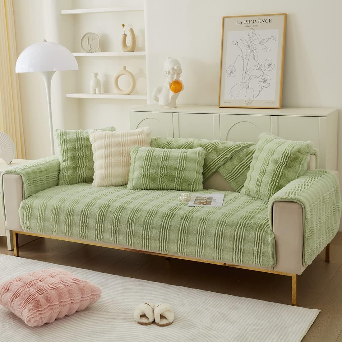 vctops Stripe Faux Fur Couch Sofa Cover Soft Thick Shaggy Plush Sectional Couch Covers Shaggy Plush Non Slip Sofa Slipcover Warm Fuzzy Furry Furniture Protector for Living Room (Green,36"x36")