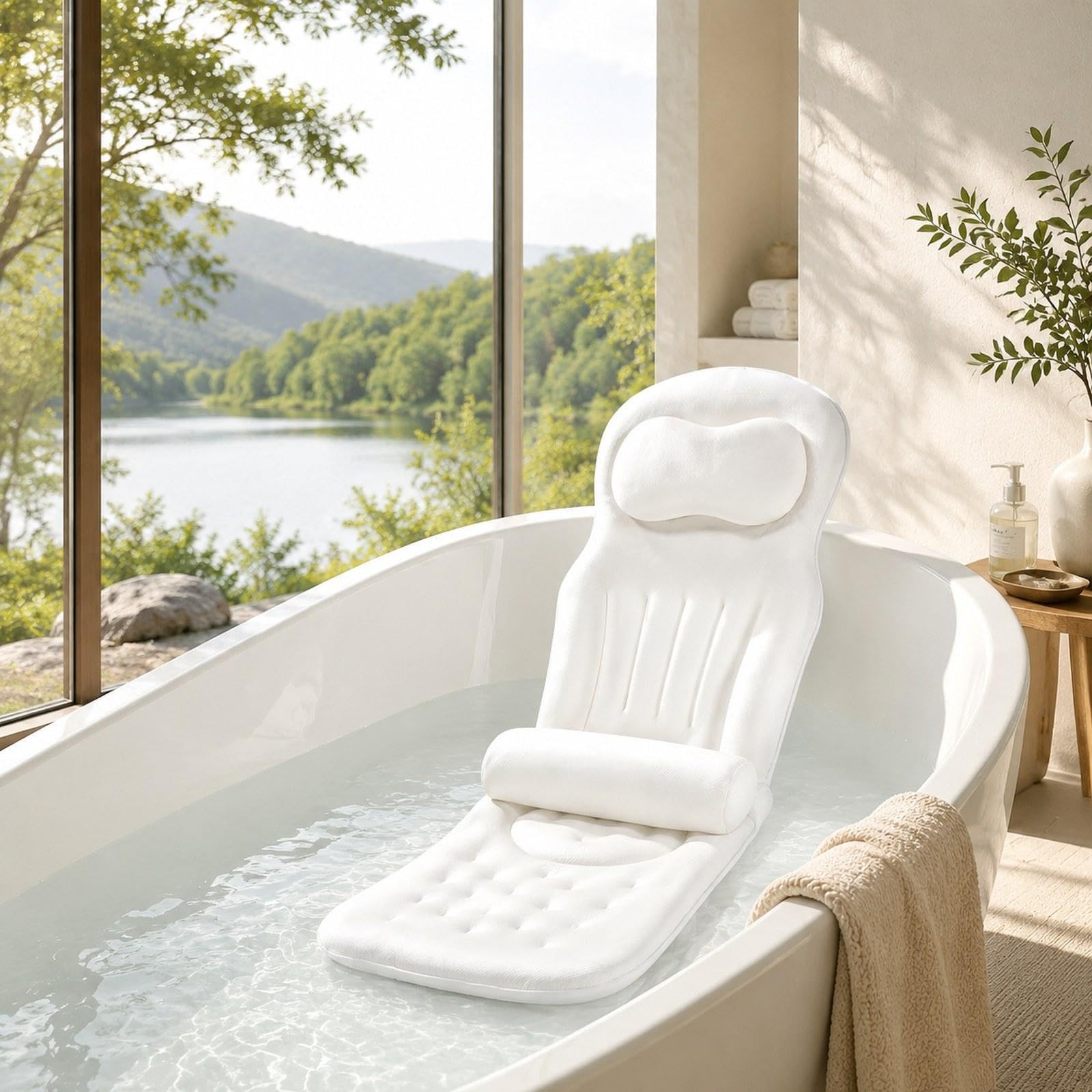 Cuscino Vasca da Bagno Cuscino Corpo Intero per Vasca Cuscino Confortevole da Bagno Supporto Schiena Testa Ventose Salde Tessuto Rete Traspirante Anti, Bianco