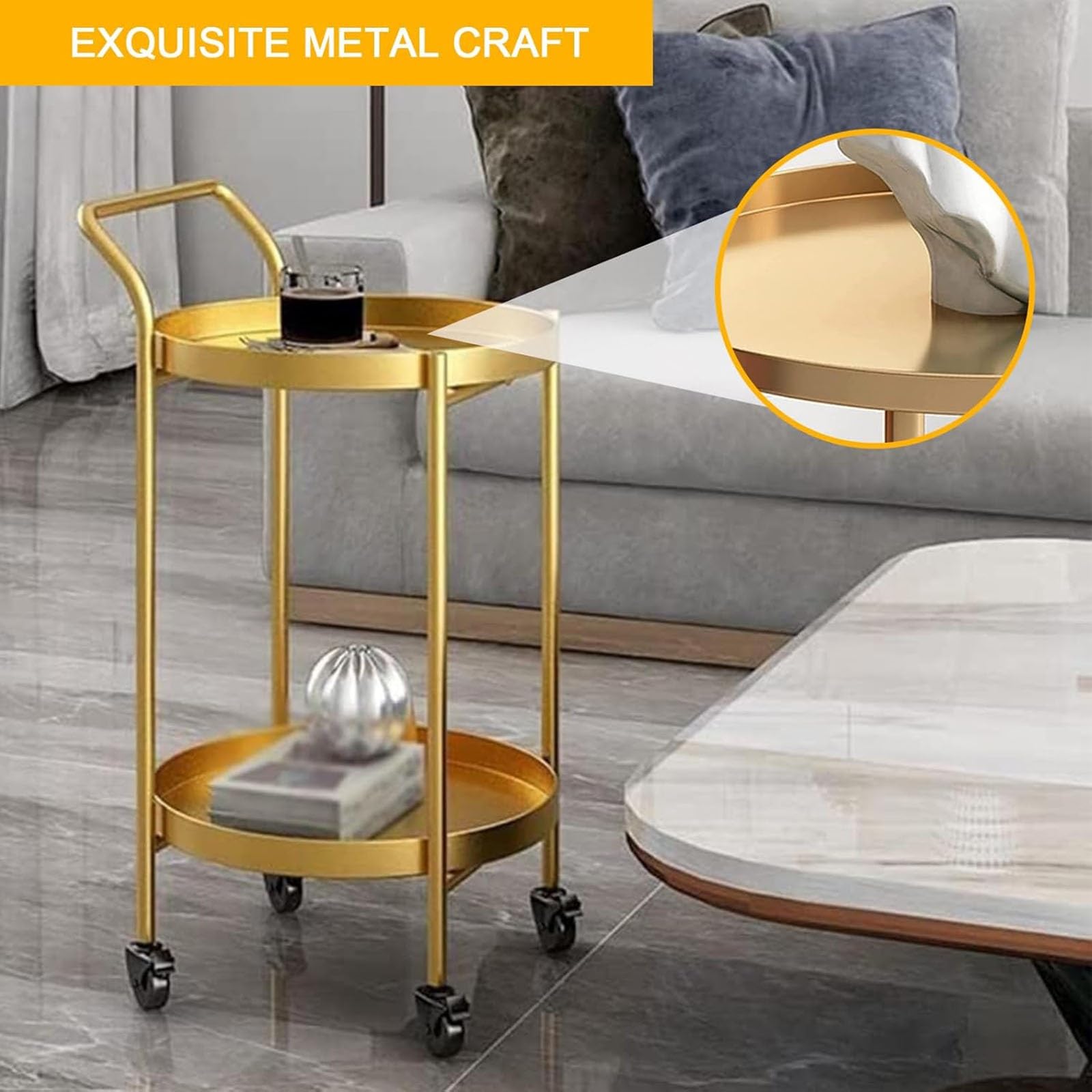 2-poziomowy wózek barowy Gold Rolg z uchwytami, metalowy mini wózek do przechowywania napojów, oszczędność miejsca, narzędzie kuchenne i jadalniane, obrotowy deser do małych pomieszczeń