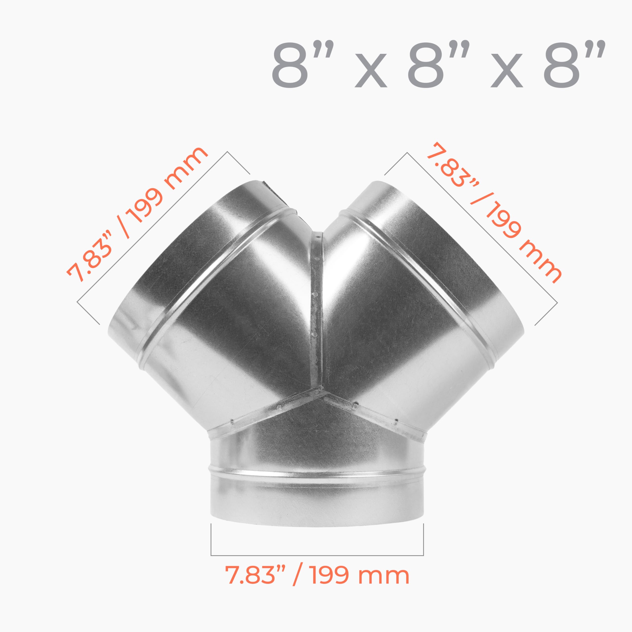 Divisor de conducto en forma de Y de 45° de diámetro de 8 x 8 x 8 pulgadas, conector de metal de 3 vías, acero galvanizado, adaptador de conducto, para ventilación de secadora, ventilador de