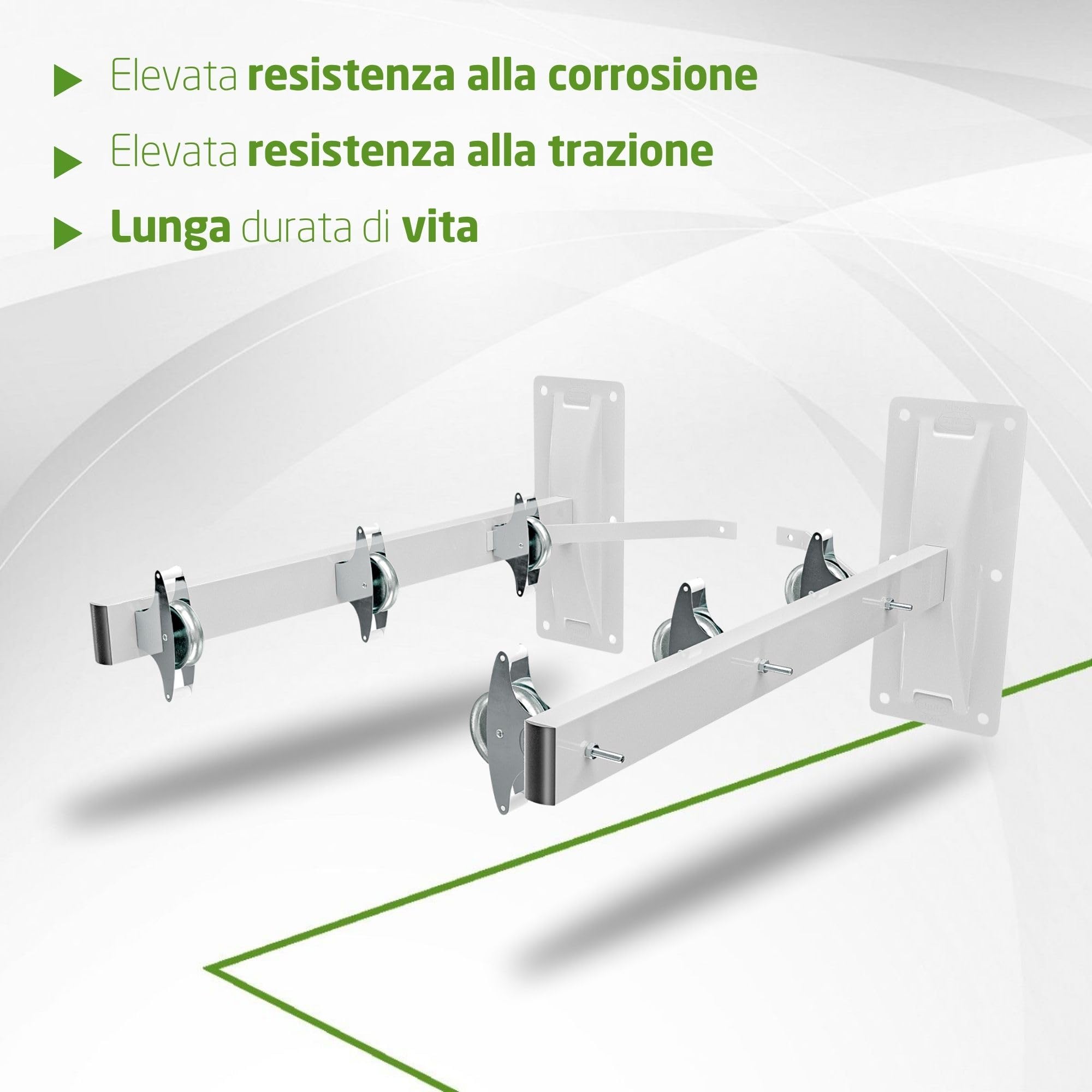 Amig - Stendibiancheria laterale da parete Mod. 3 - Stendino a 2 bracci con 6 carrucole in acciaio inox - Per 3 corde - Acciaio con verniciatura epossidica - Uso esterno - 450 mm - Bianco