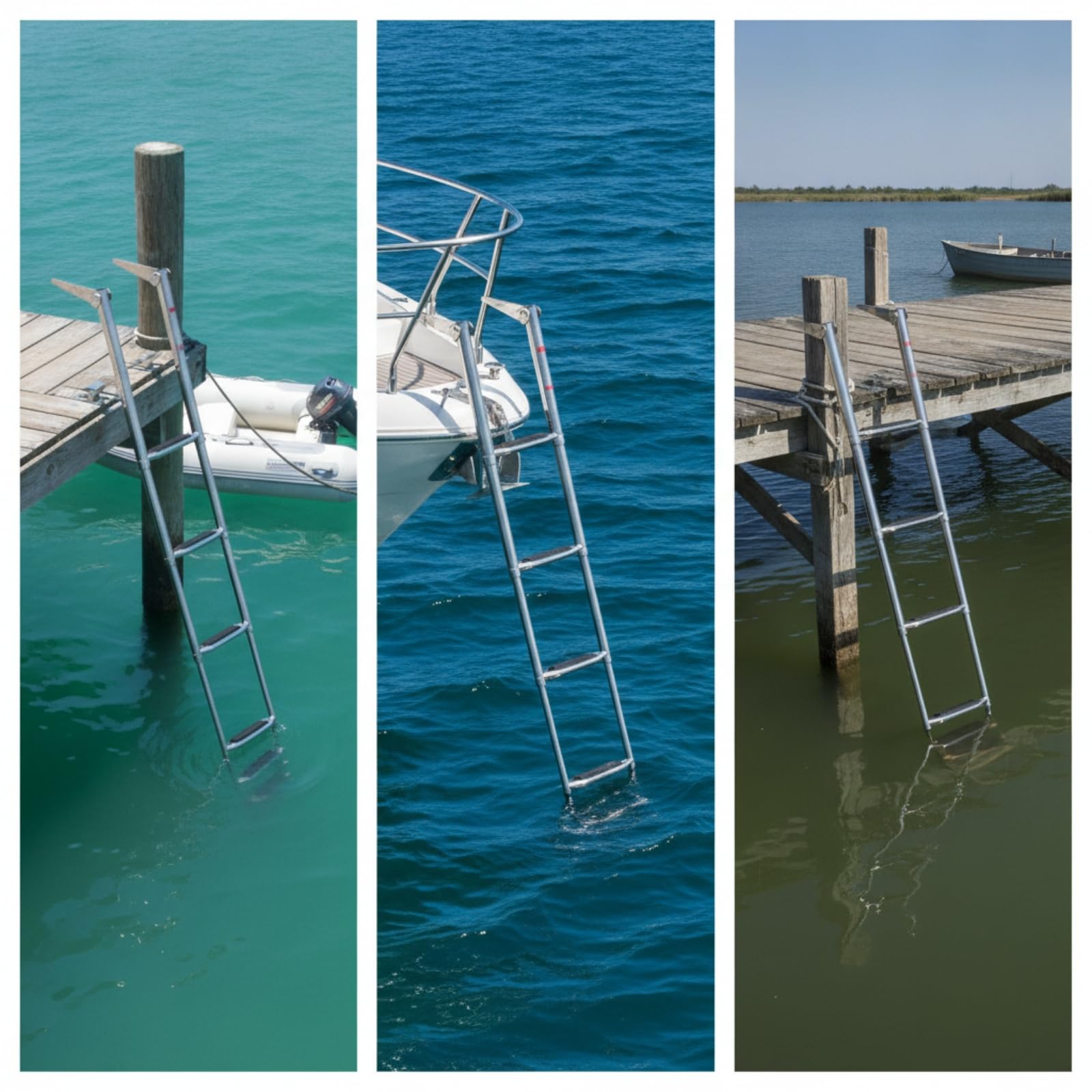 MERIGLARE Échelle Marine Rétractable Pliable en Acier Inoxydable Poli avec Supports Montage Supérieurs pour Accès Stable aux Yachts Voiliers Docks