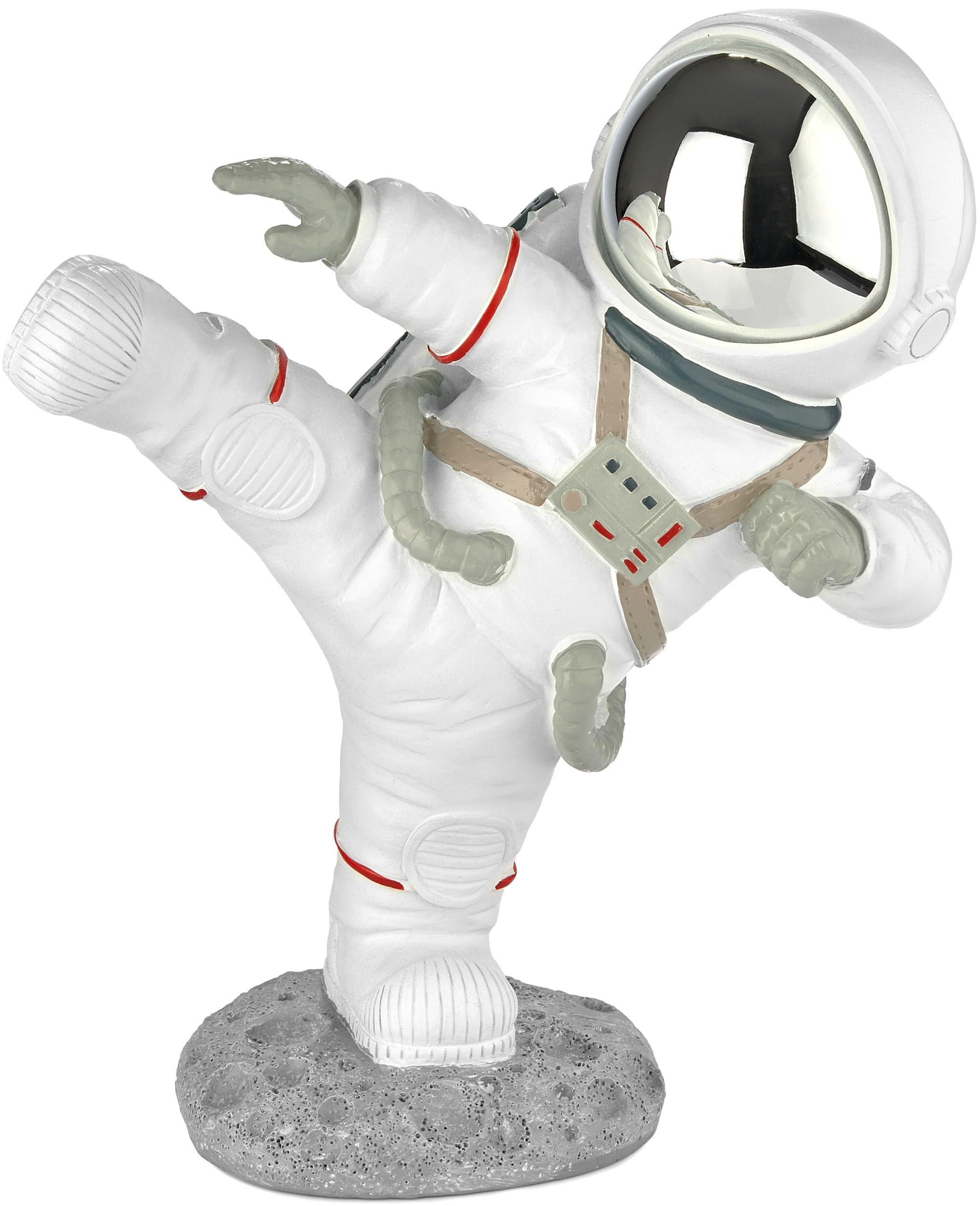 BRUBAKER Figura Decorativa Astronauta en Pose de Karate - Patada Alta - 19 cm Figura Espacial con Casco Cromado - Estatua Espacial Moderna Pintada a Mano - Plateado y Blanco