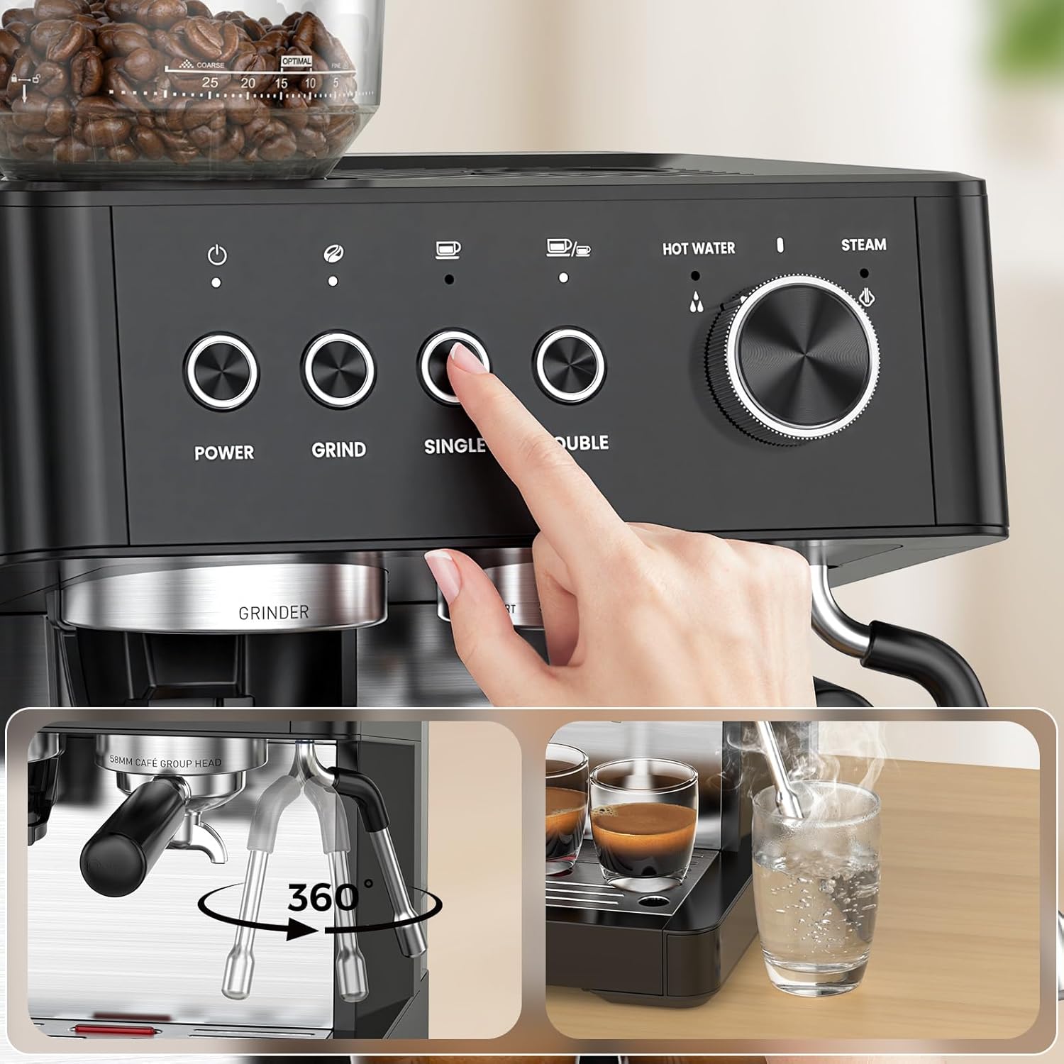 Kismile 20-Bar Espresso Machine with Grinder, Expresso Coffee Machines Coffee Maker with Grinder, Milk Frother/Steam Wand & Tamping Tools for Cappuccino & Latte