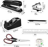 Vista 5 de Office Desk Accessories, Black Office Supplies Accessories with Tape Dispenser, Stapler, Staple Remover, 1000 Staples, Tape, Clips Set, Ruler