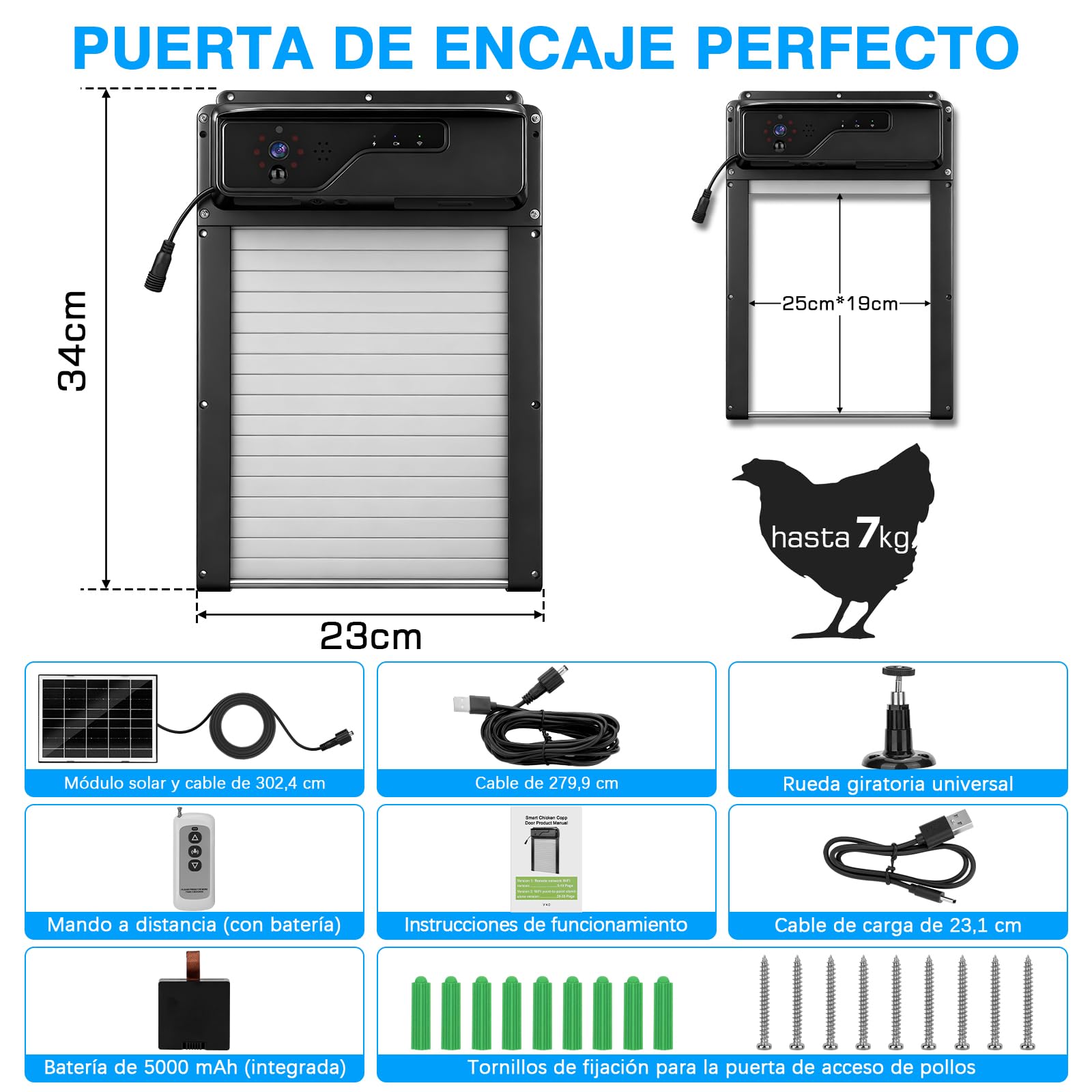 Puerta Gallinero Automatica Solar con Cámara 1080P, Control por Aplicación y WiFi, Visualización Estado Puerta en Tiempo Real, Función de Aviso sonoro y Temporizador, Batería 5000 mAh