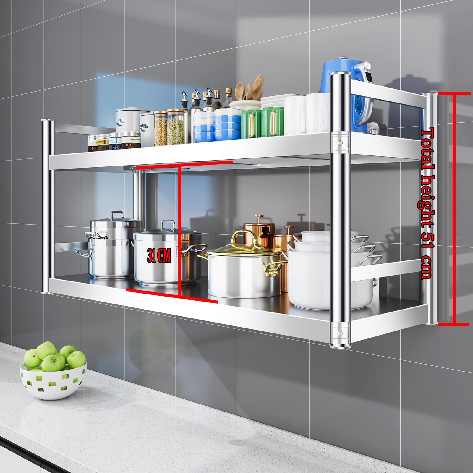 Scaffale da Cucina in Acciaio Inox, Organizzatore da Cucina a Parete, Rack di Memorizzazione per Spezie, Ripiano in Acciaio Inossidabile 2/3 Livelli(L 120 x W 20 x H 51 CM)