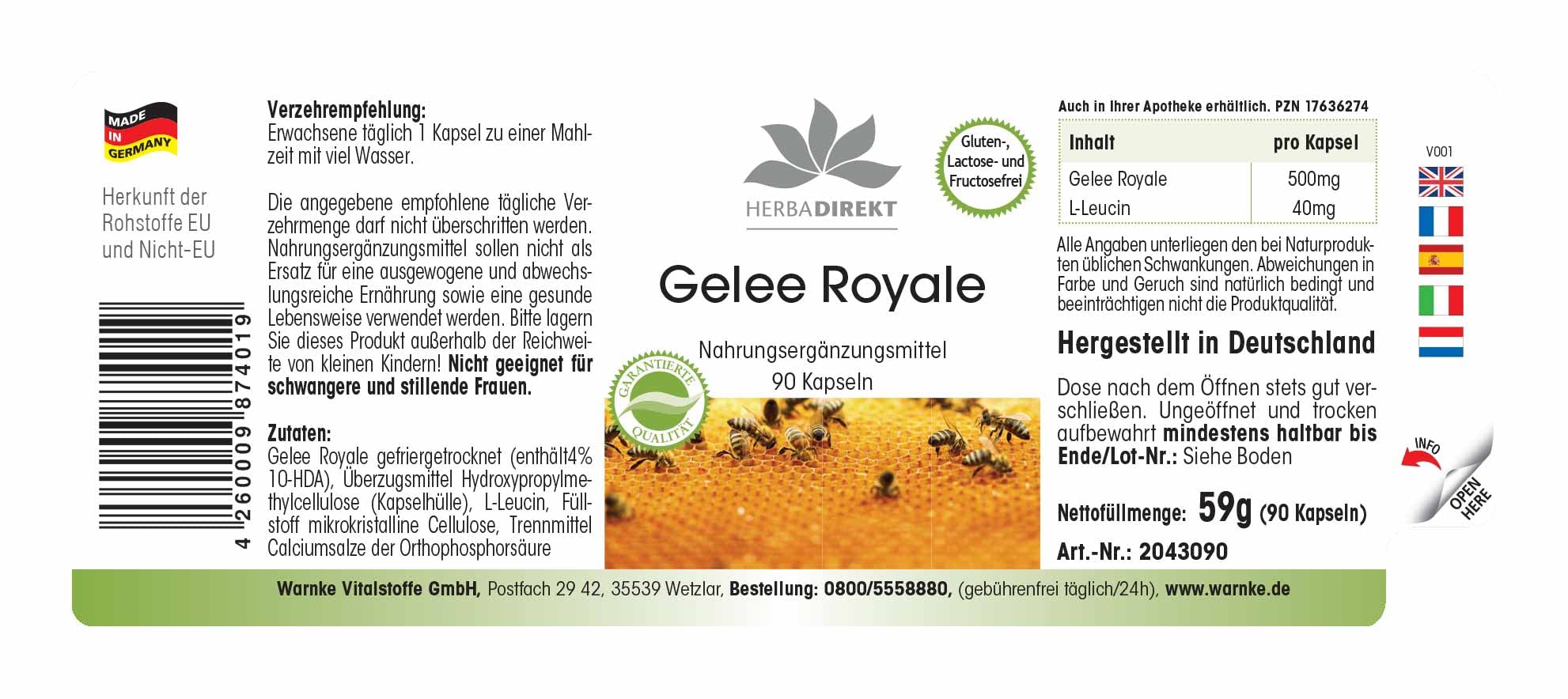 Gelée Royale Extrakt 500mg - 90 Kapseln - schluckfreundlich, 4-fach konzentriert aus 2000mg Gelée Royale - Royal Jelly - hochdosiert | HERBADIREKT by Warnke Vitalstoffe - Deutsche Apothekenqualität