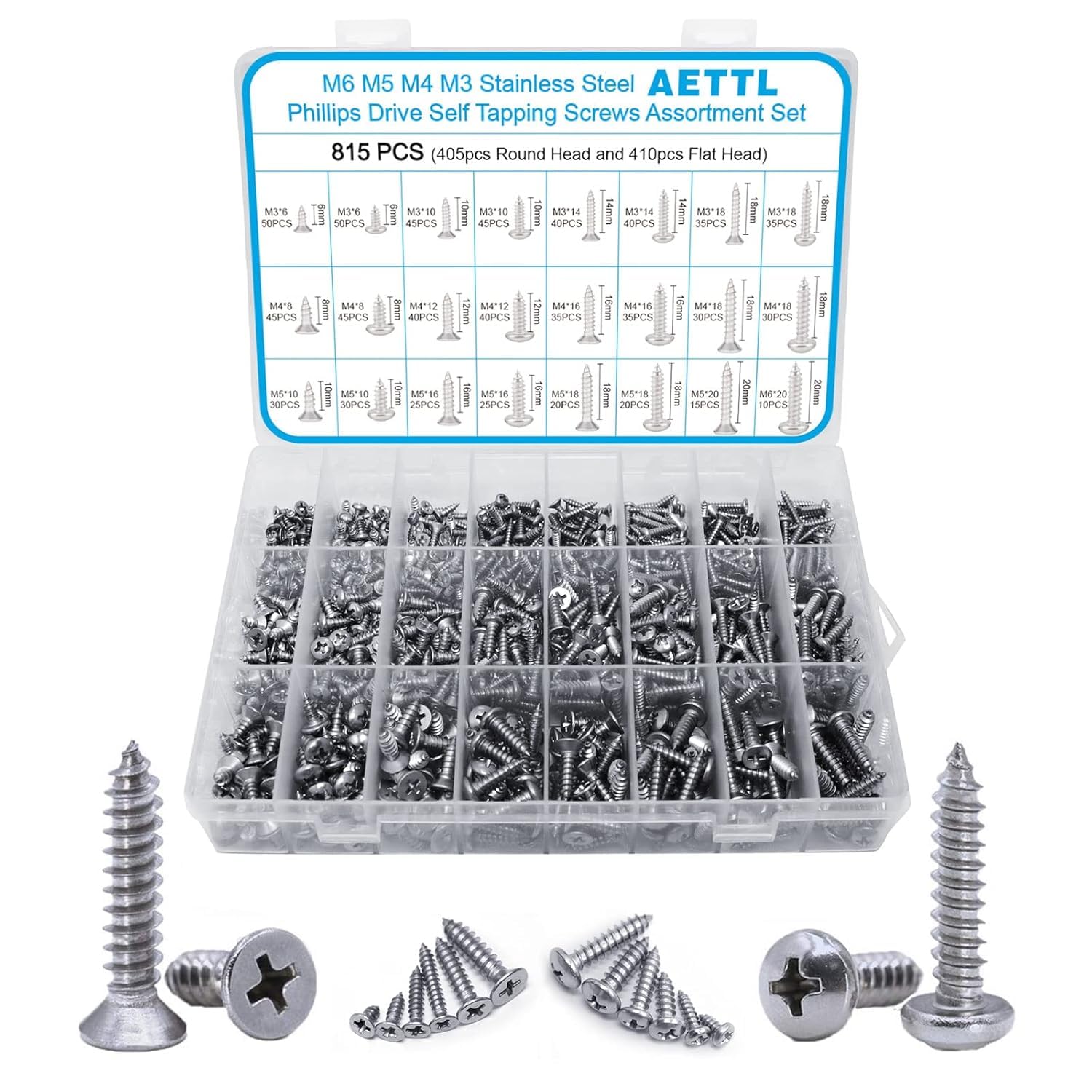 M6 M5 M4 M3 Holzschrauben-Sortiment, 815-teilig, metrischer Edelstahl, sortiert, selbstschneidende Schrauben, Flachkopf-Kreuzschlitz-Antrieb, Bohren für Deck, Trockenbau, Beton, Blech
