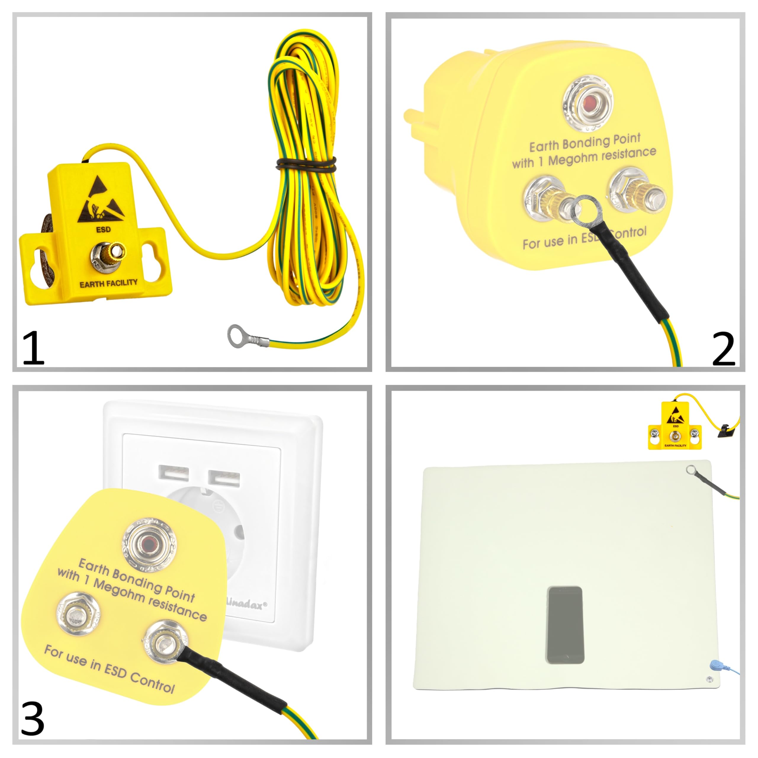 Equipment di messa a terra per pavimenti – Montaggio a parete – M5 vite di collegamento per collegamento di occhielli – innovativer protezione ESD – 1 Mega Ohm di resistenza