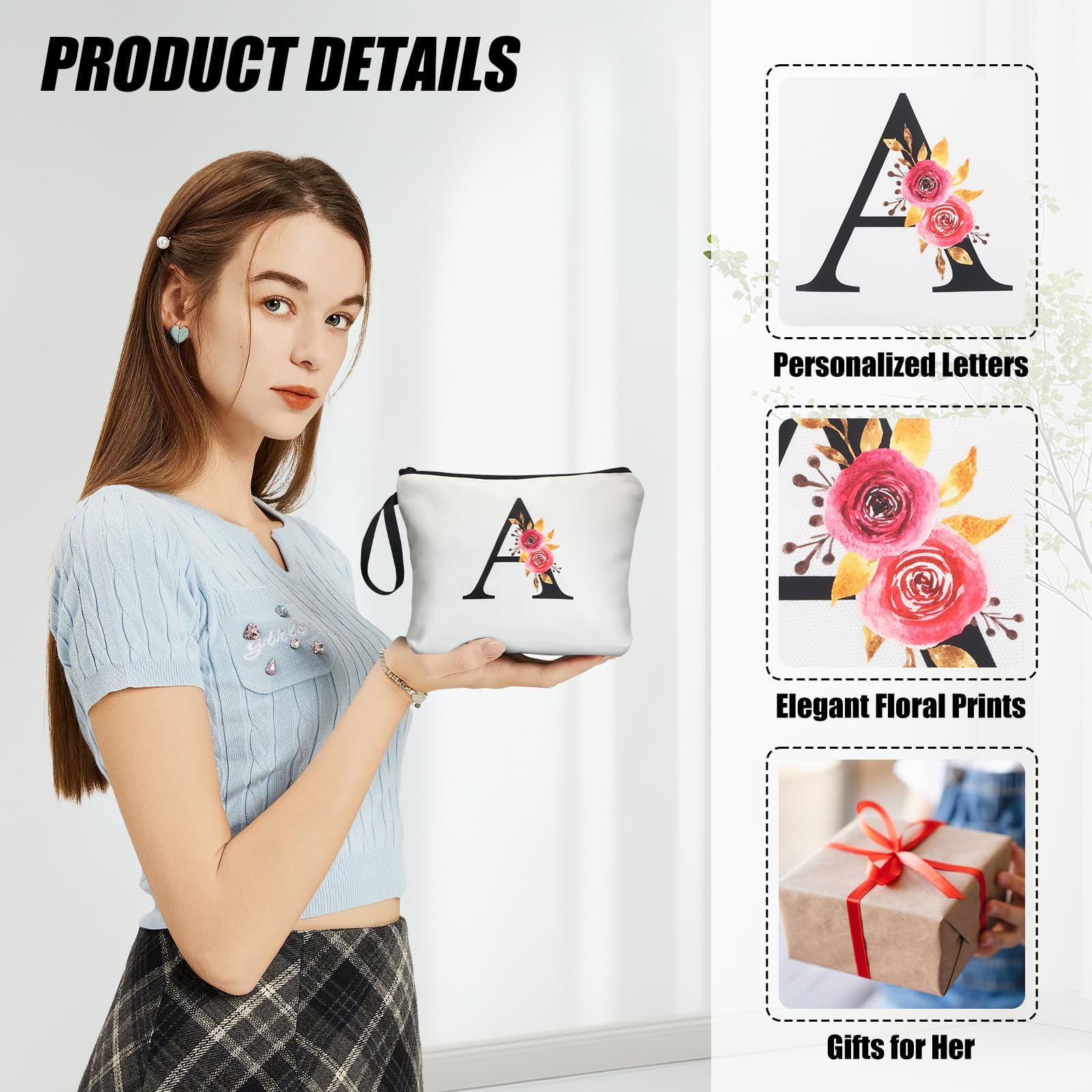 A-Z BAG Personalised Initial Makeup Bag with Floral Letter,Gifts for Women,Mum,Friend,Sister,Teenage Girls,Bridesmaid,Cosmetic Wash Bag & Toiletry Pouch,B - 5