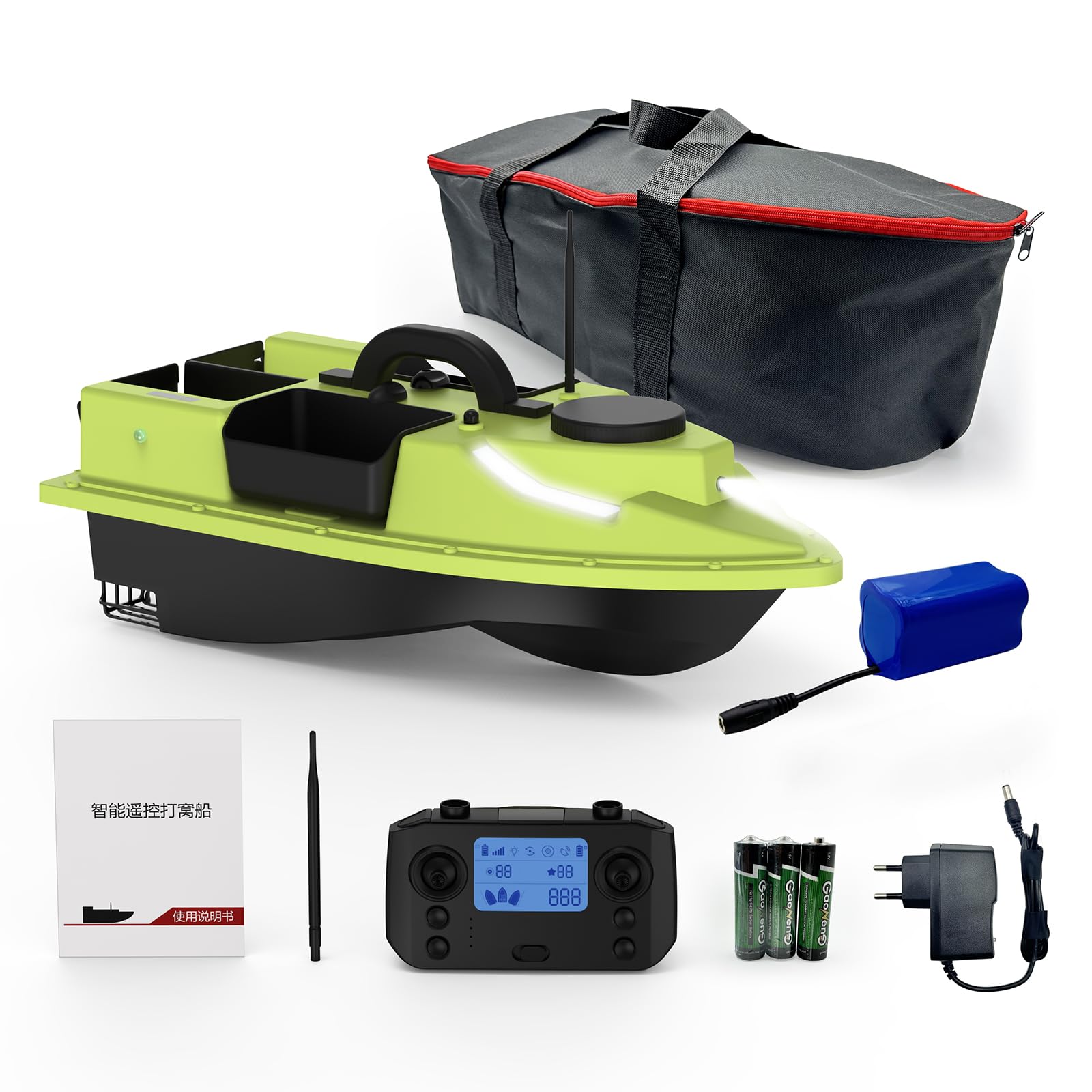 Matybobe RC, 500 m, telecomando senza fili, barca per esche da pesca, barca per feeder con 4 contenitori per esche, portata 2 kg