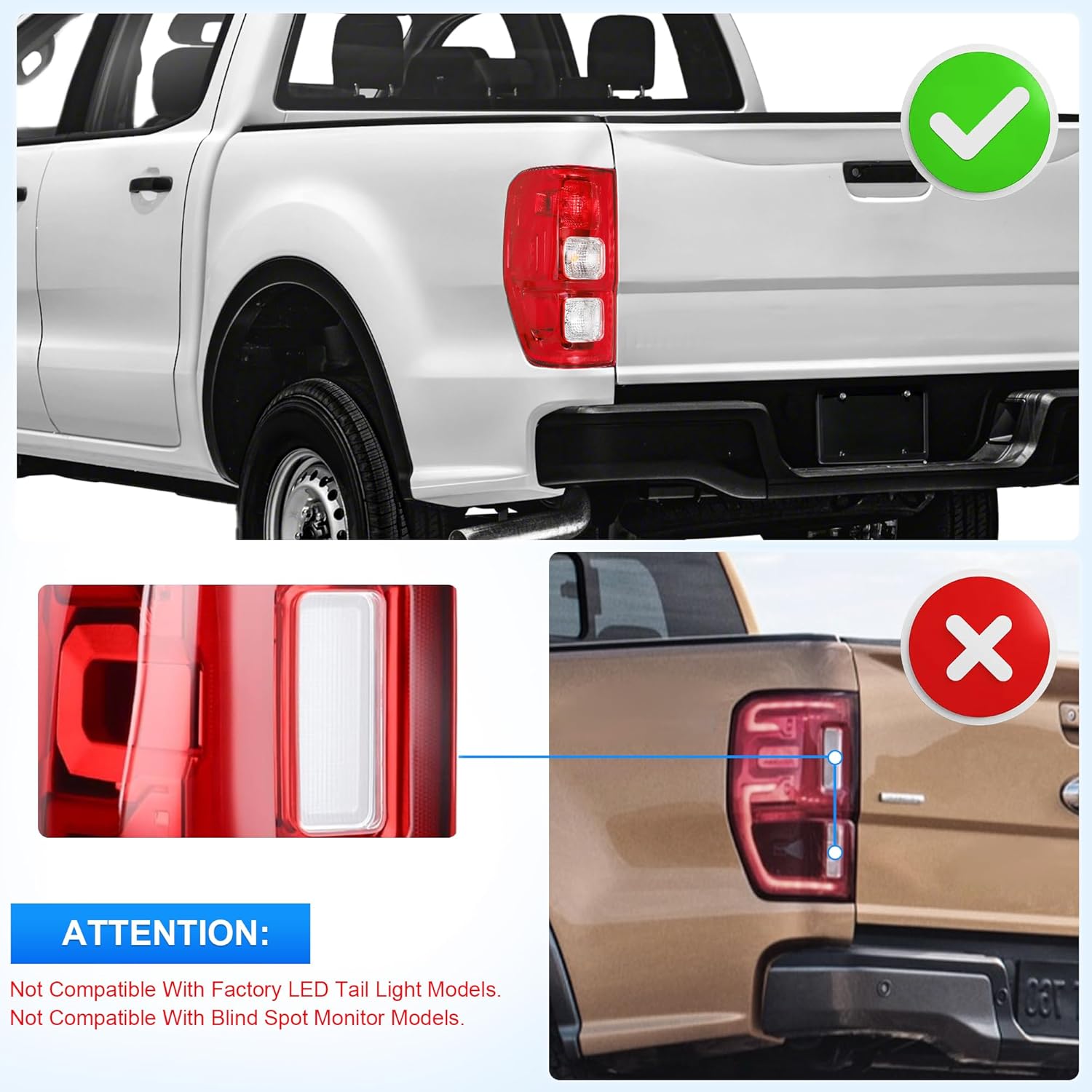 ELH Tail Light Assembly Compatible With 2019-2023 Ford Ranger Halogen Type W/O Blind Spot Rear Brake LampTail Light Left Side