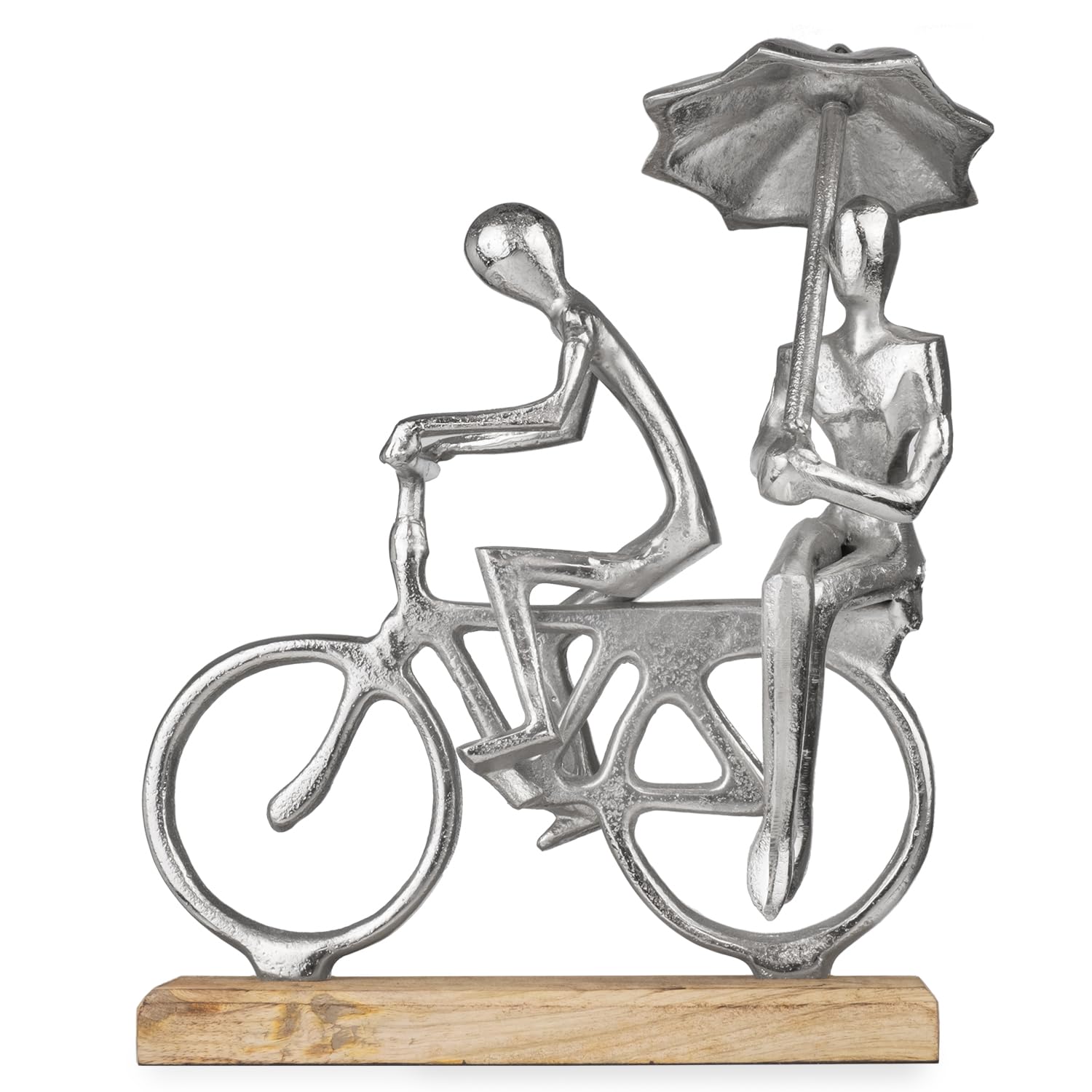 Figurka dekoracyjna para na rowerze z parasolem – nowoczesna rzeźba z aluminium na drewnianej podstawie – wysokość 30 cm – symbol miłości, spójności i spędzania wolnego czasu – stylowa dekoracja