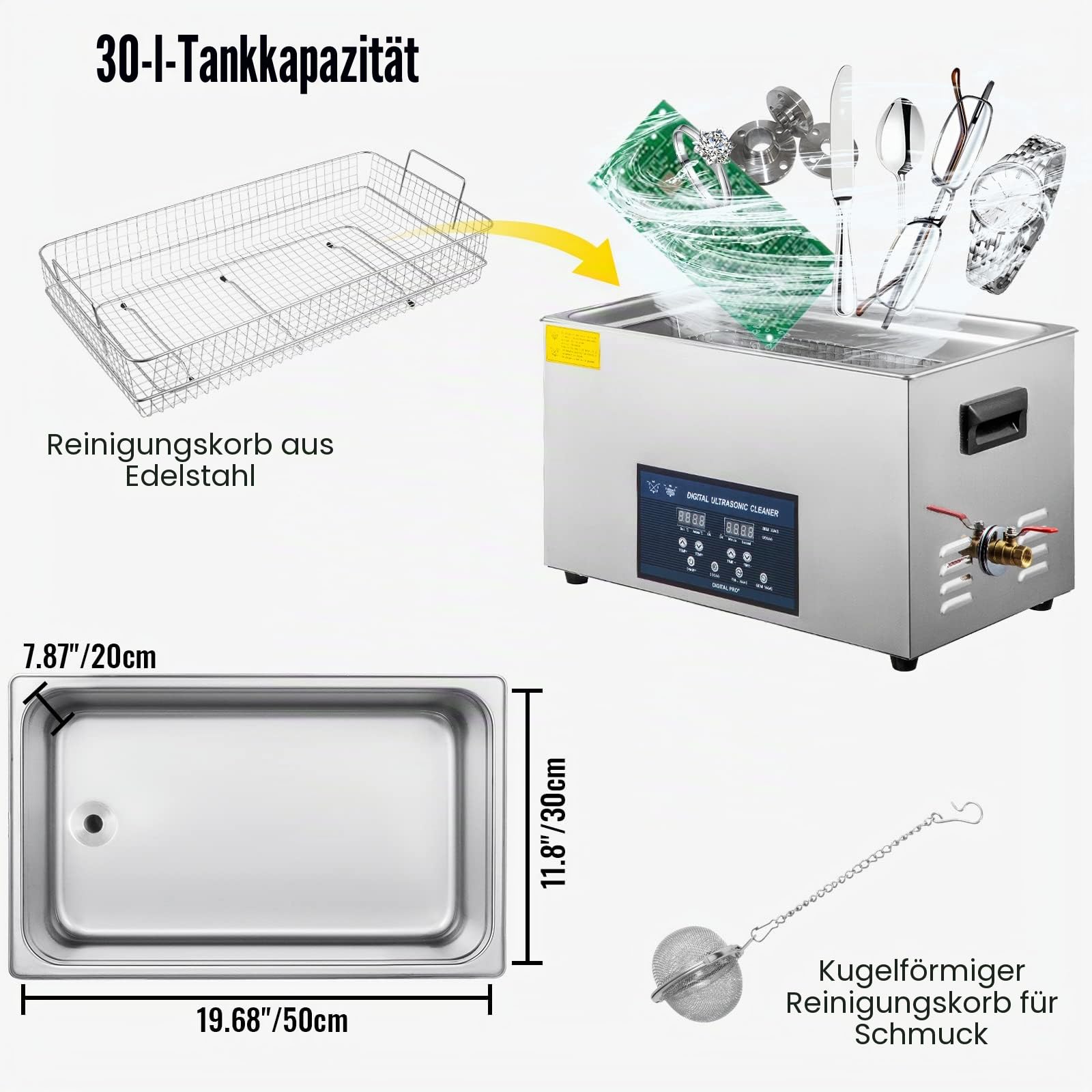 VEVOR Ultraschallreiniger Dual Frequency 30L, Professioneller Ultraschallreiniger 220V mit Heizung, Ultraschallreiniger aus Edelstahl für Teile Schmuck Platine 28/40kHz