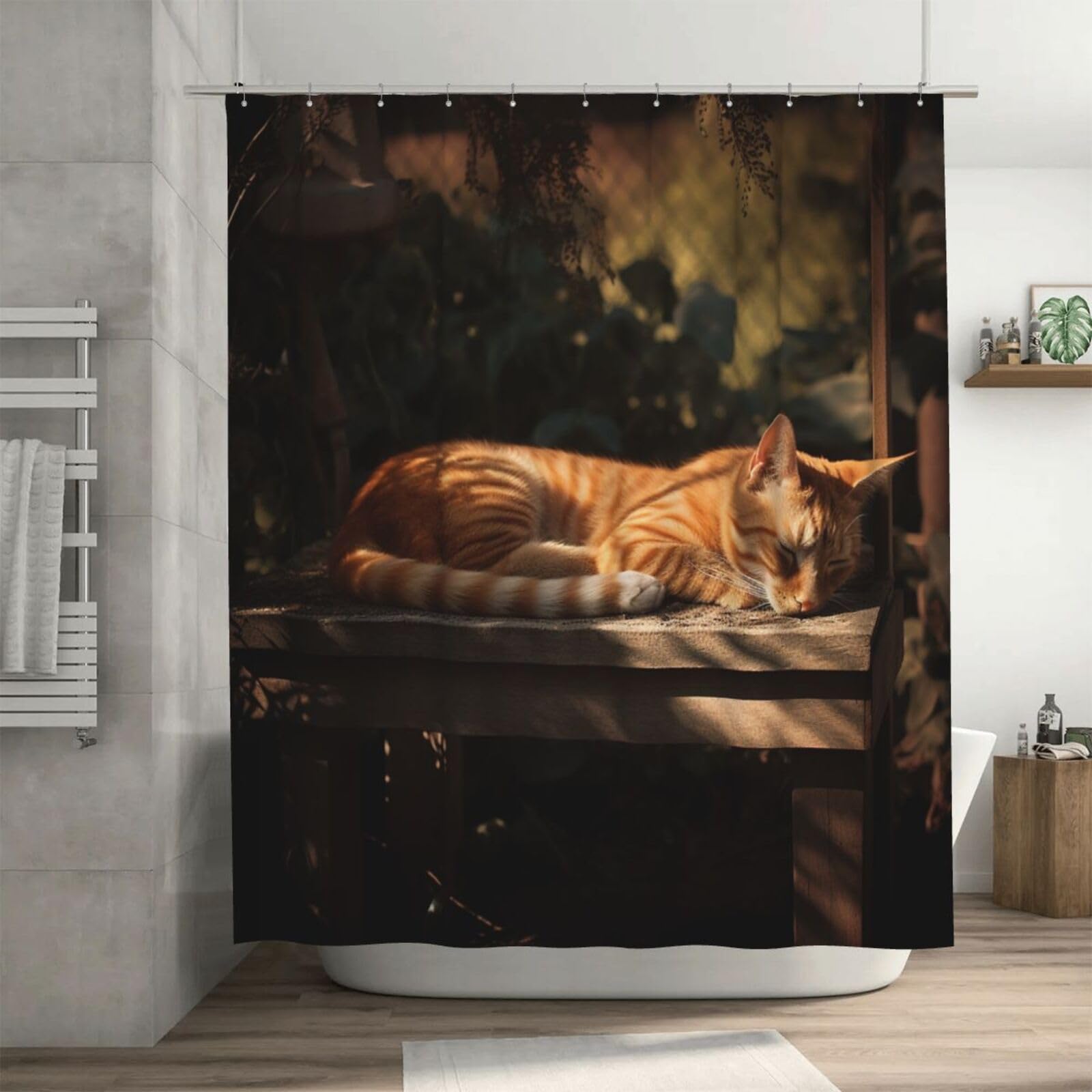 Rideau de douche imperméable chat orange anti-moisissure tissu épais 183x183cm avec crochets