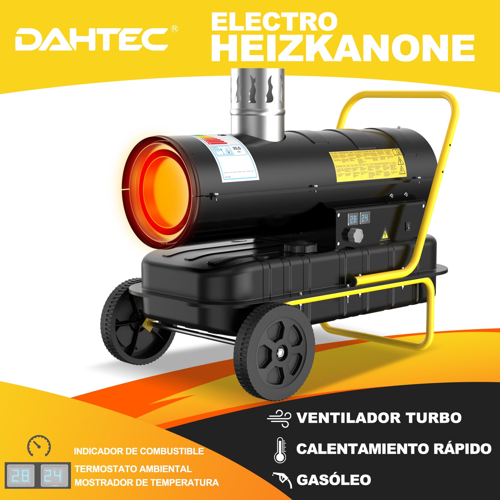 Calefactor Diésel de Indirecta 20 kW - Termoventilador Industrial - Depósito de Gran Capacidad 38 L - Con Ruedas y Termostato Regulable - Para Talleres, Obras y Uso Agrícola