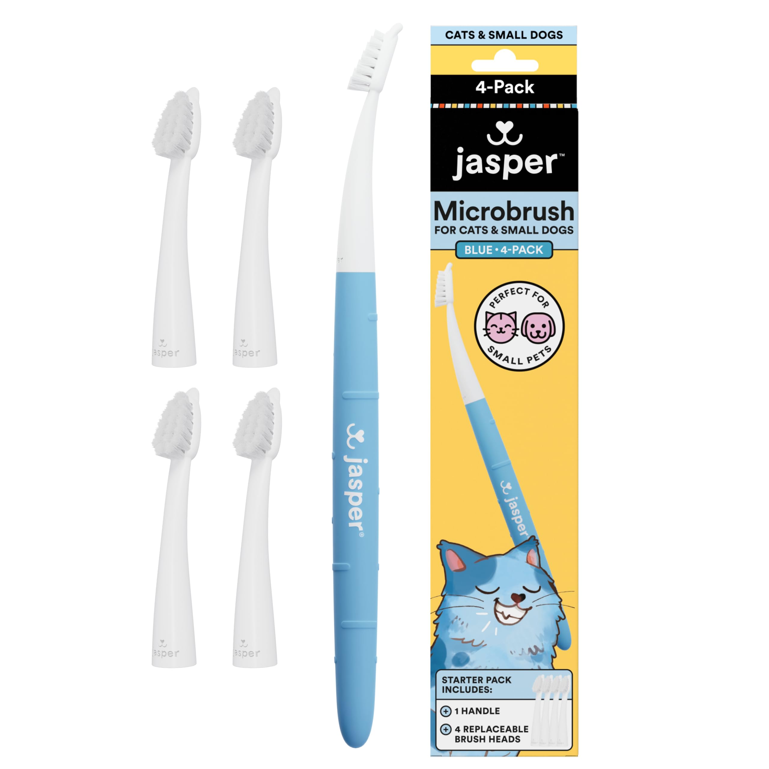 Jasper Microbrush Tierarztzugelassene Katzen-Zahnbürste, weiches Zahnbürsten-Set für Katzen und kleine Hunde, rutschfester Griff, Zahnbürstenköpfe, Verwendung mit Katzenzahnpasta, 4er-Pack, Blau