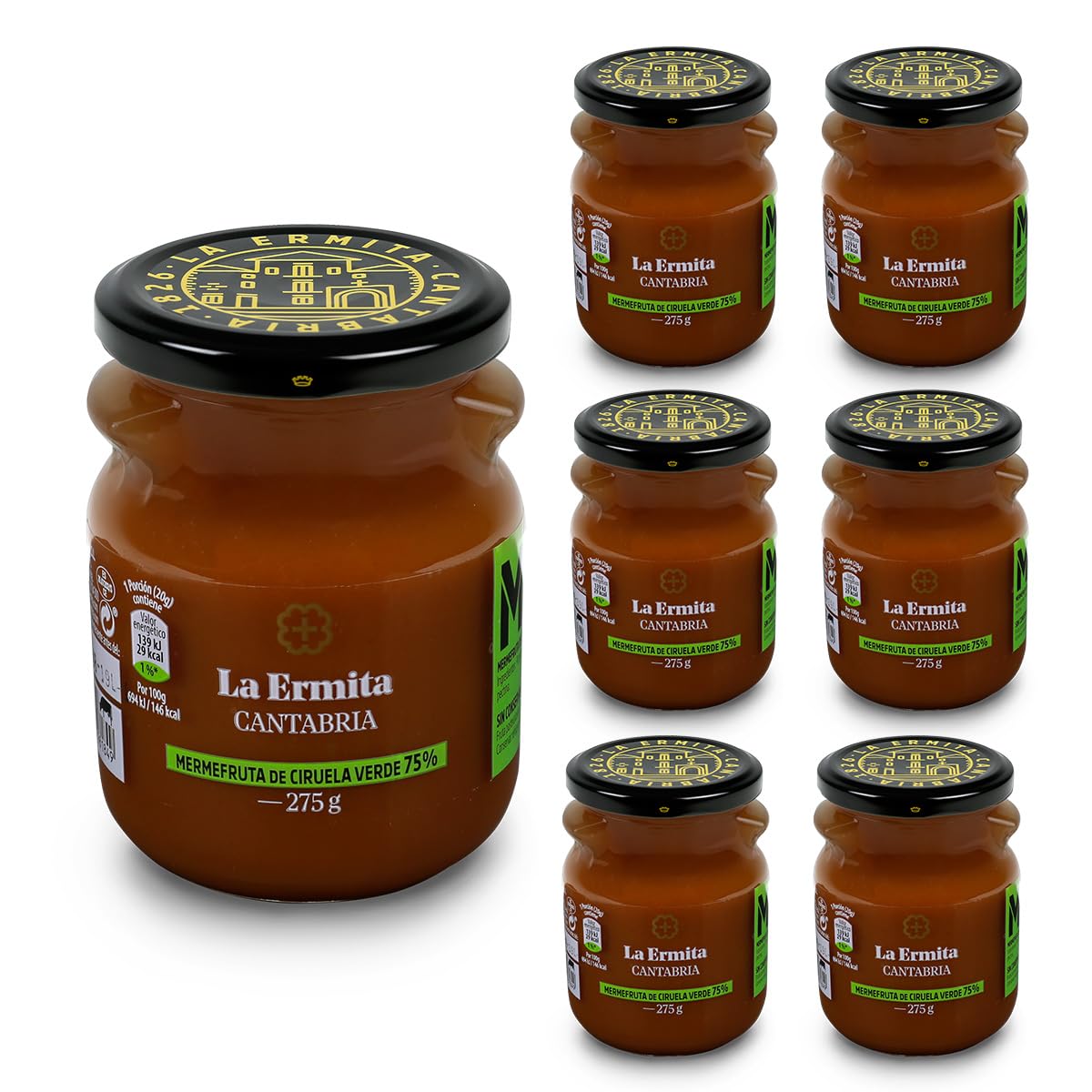 LA ERMITA MermeFruta de Ciruela Verde, Compota Estilo Mermelada con 75% Fruta, Sabor Fresco y Ácido, Sin Gluten ni Conservantes, Tarro de Vidrio 275 g (Pack 6 unidades)